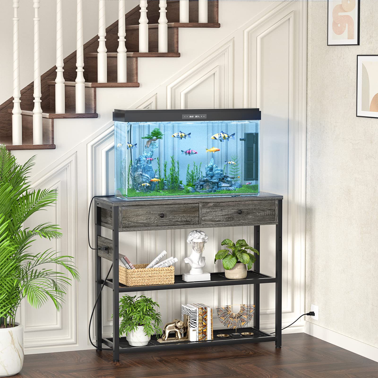 Grey Oak Console Table with Outlets & USB - 32