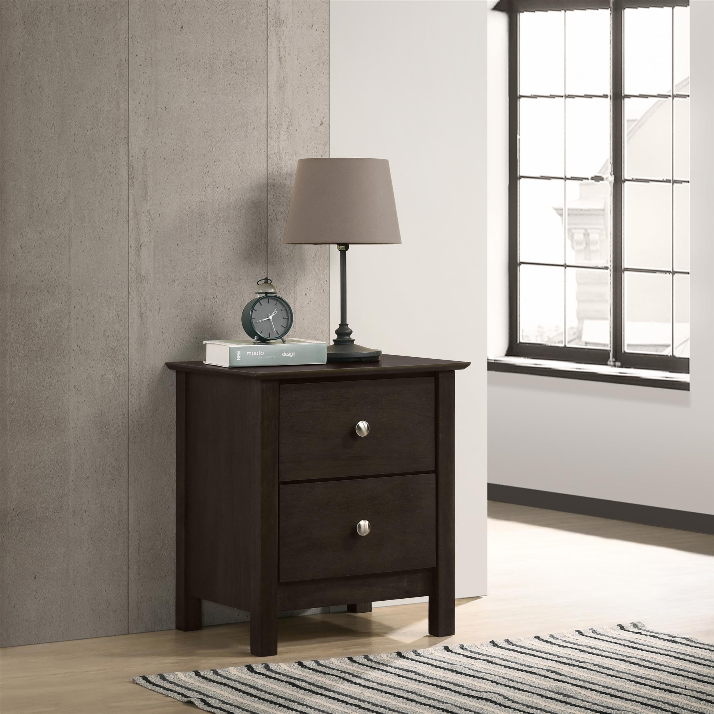 Gemini Solid Wood Nightstand with 2 Drawers - Classic Merlot Finish for Bedroom & Living Room Furniture - Perfect for Storage & Decor