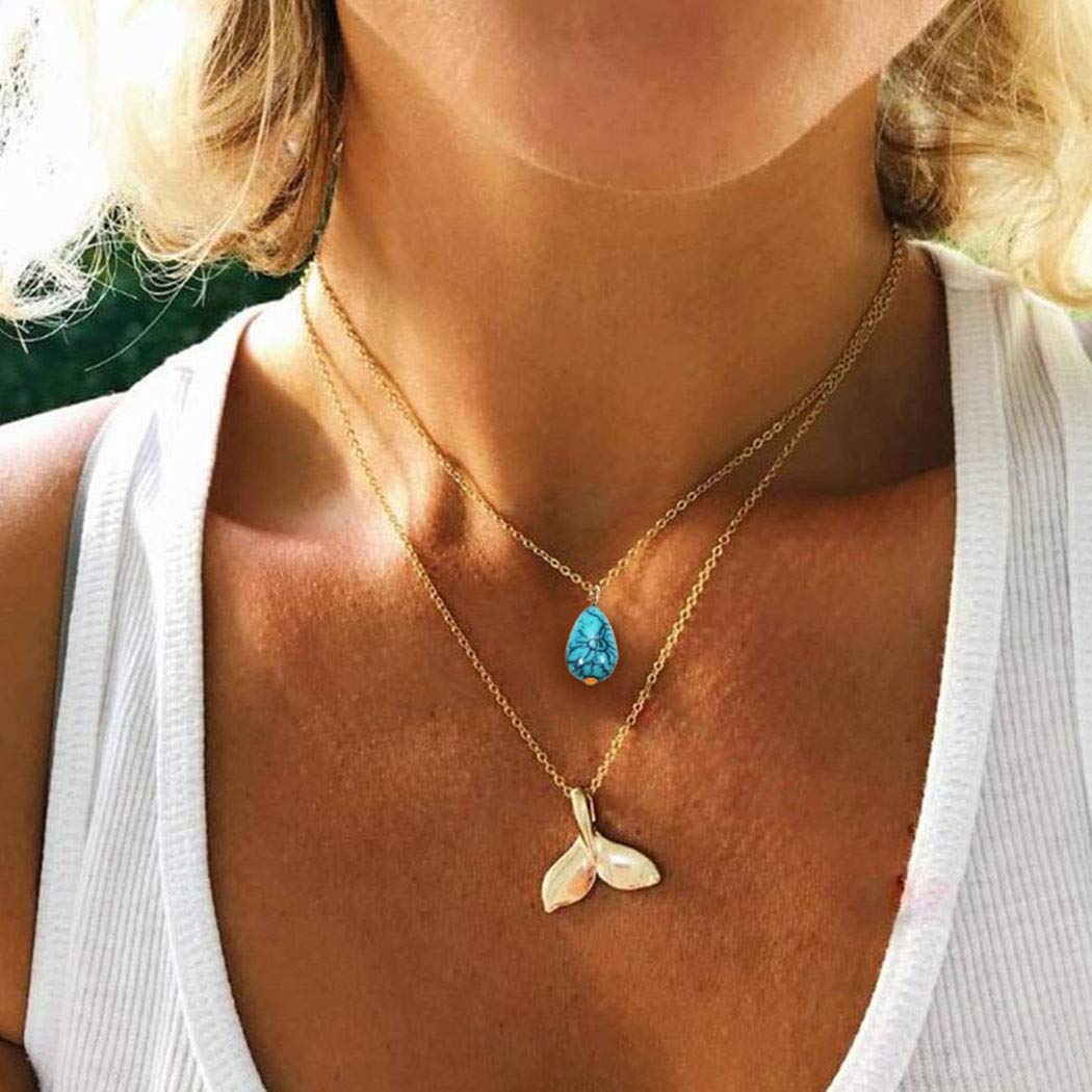 Boho Turquoise Layered Gold Necklace for Women - Mermaid Tail Pendant Short Chain Jewelry for Summer Beach & Casual Wear