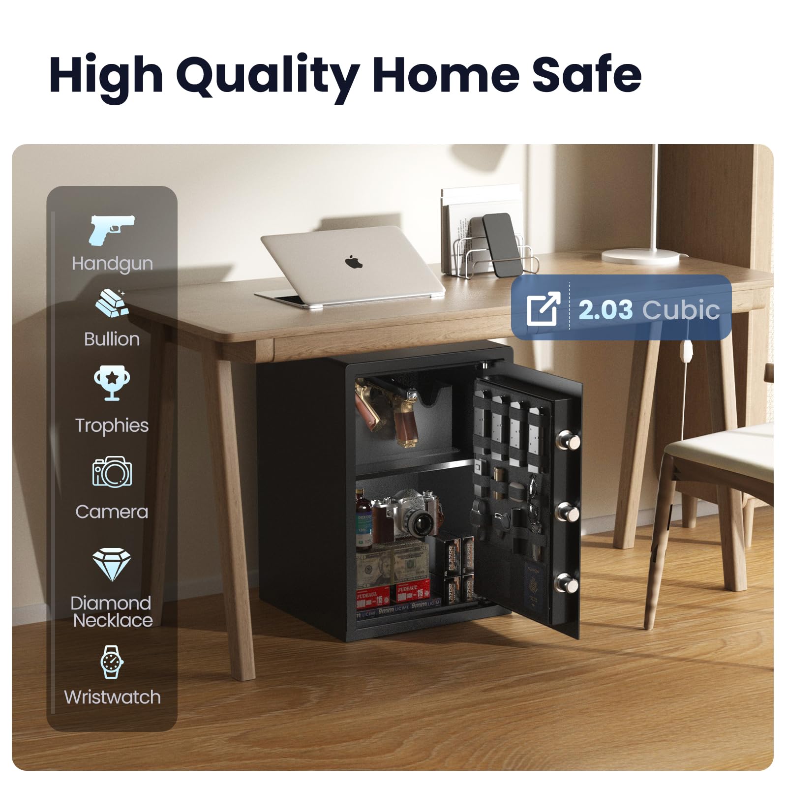 2.03 cu ft Pistol Safe - Biometric Gun Safe for Handguns with Silent Mode & LED Light | Home Security Safe with Backlit Keypad & Anti-Rust Protection | Perfect for Bedside, Closet, or Office Gun Storage