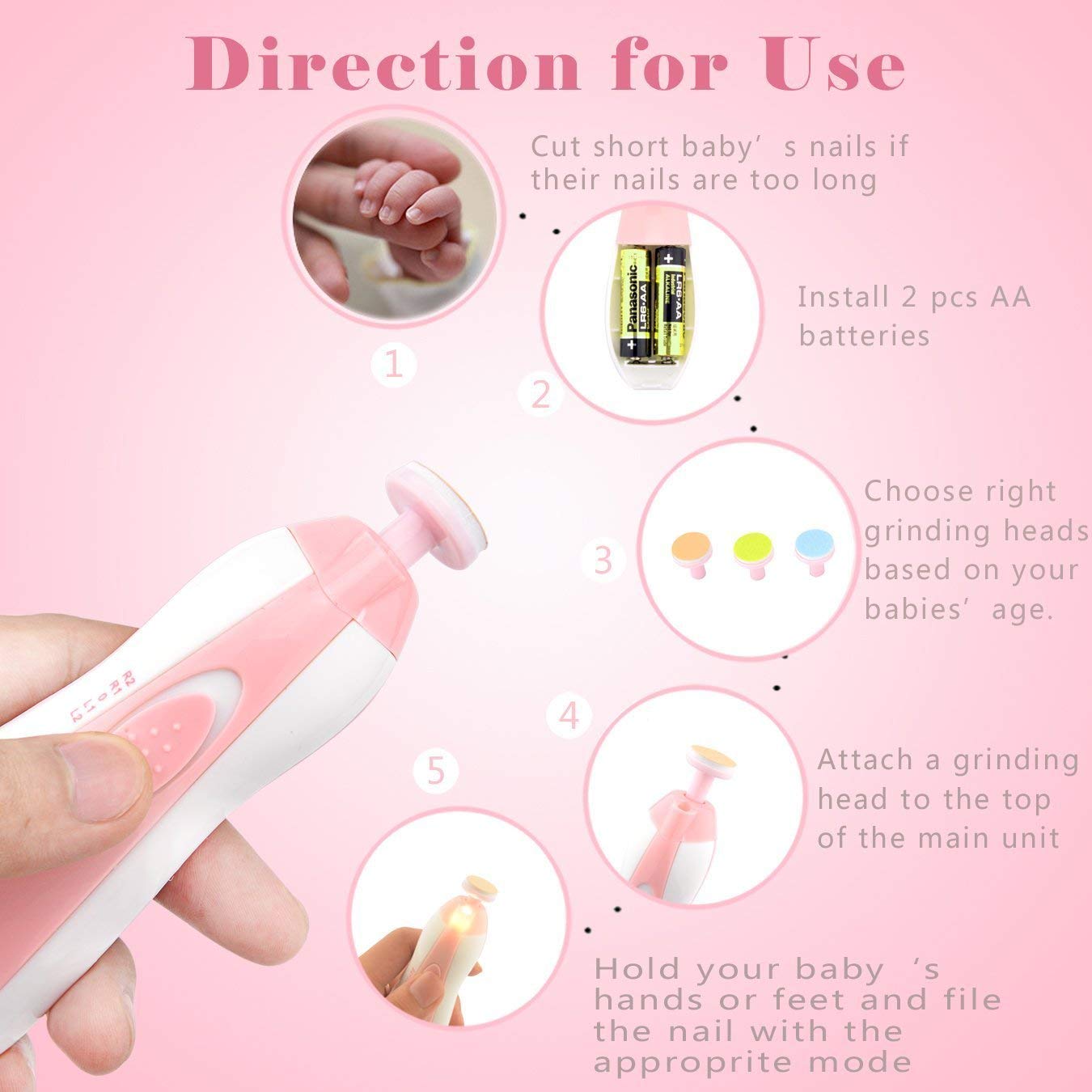 Bosig® Electric Baby Nail File & Trimmer - Safe Newborn Nail Care Kit with 6 Grinding Heads for Gentle Baby Manicure | Perfect for Newborns, Infants & Toddlers at Home or Travel