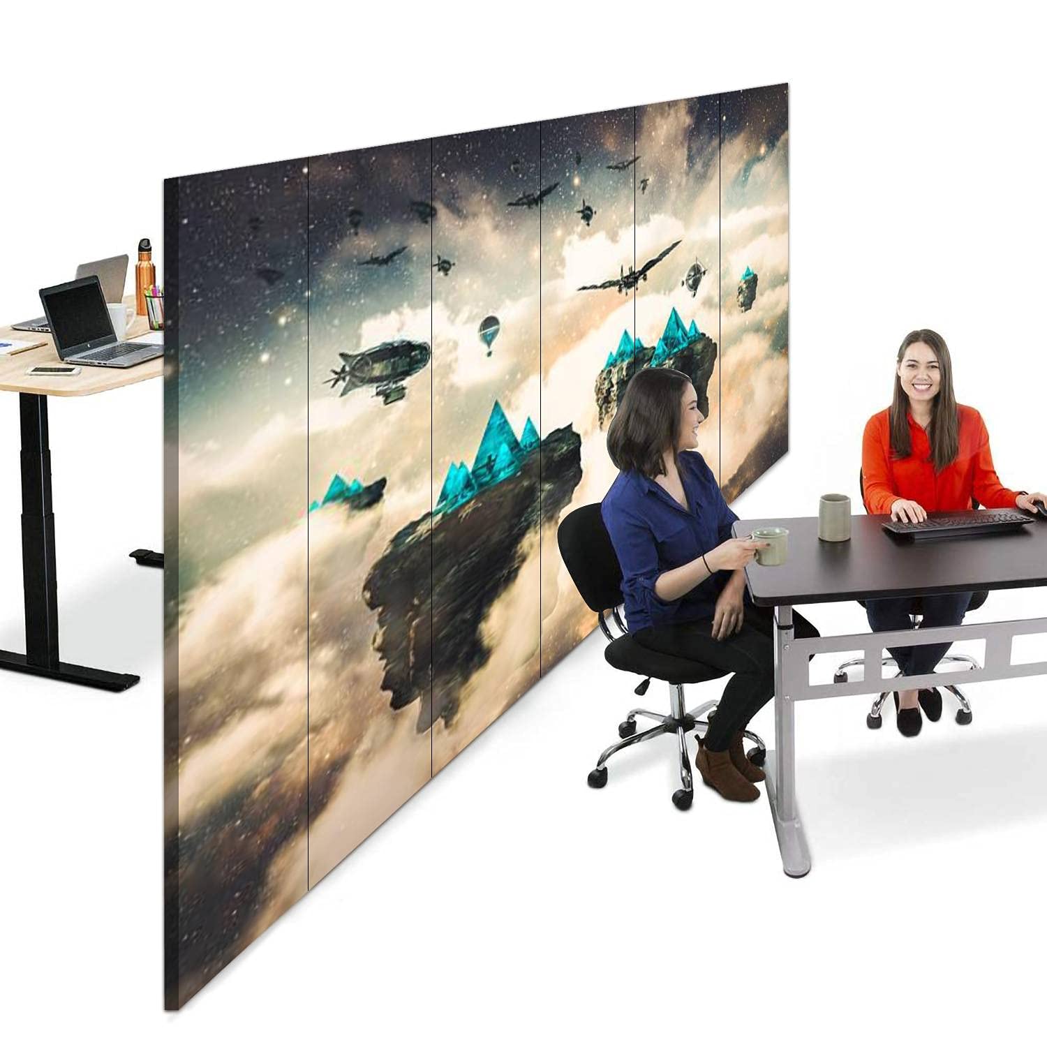 Steampunk Fantasy Floating Islands & Spacecrafts Canvas Room Divider - 6-Panel Folding Privacy Screen for Bedroom, Office & Living Room Partition