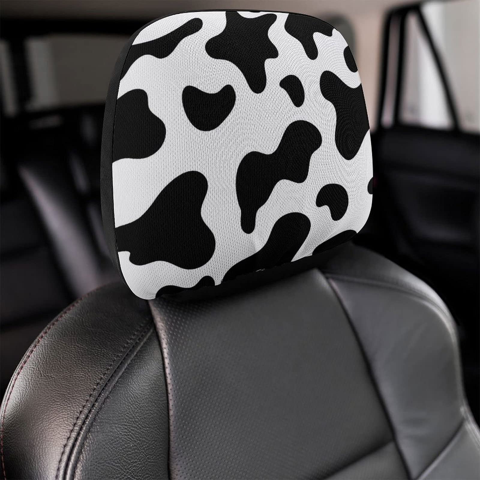Bagea-Ka 2 Pack Genuine Cowhide Car Headrest Covers with Milk Cow Print - Universal Fit for Most Car & Truck Models - Durable Seat Protector for Men & Women - Perfect for Road Trips, Commuting & Interior Styling