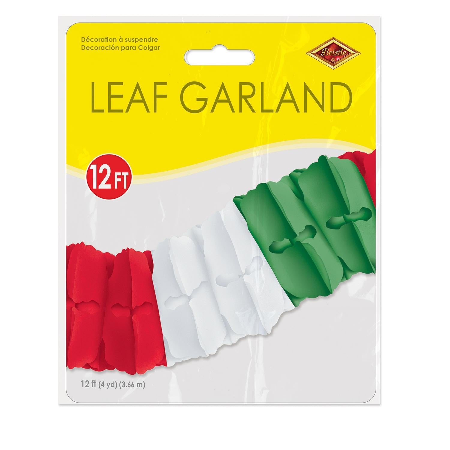 12 Pack Beistle Fiesta Packaged Leaf Garland - Red, White & Green Party Decorations for Cinco de Mayo, Christmas & Holiday Celebrations