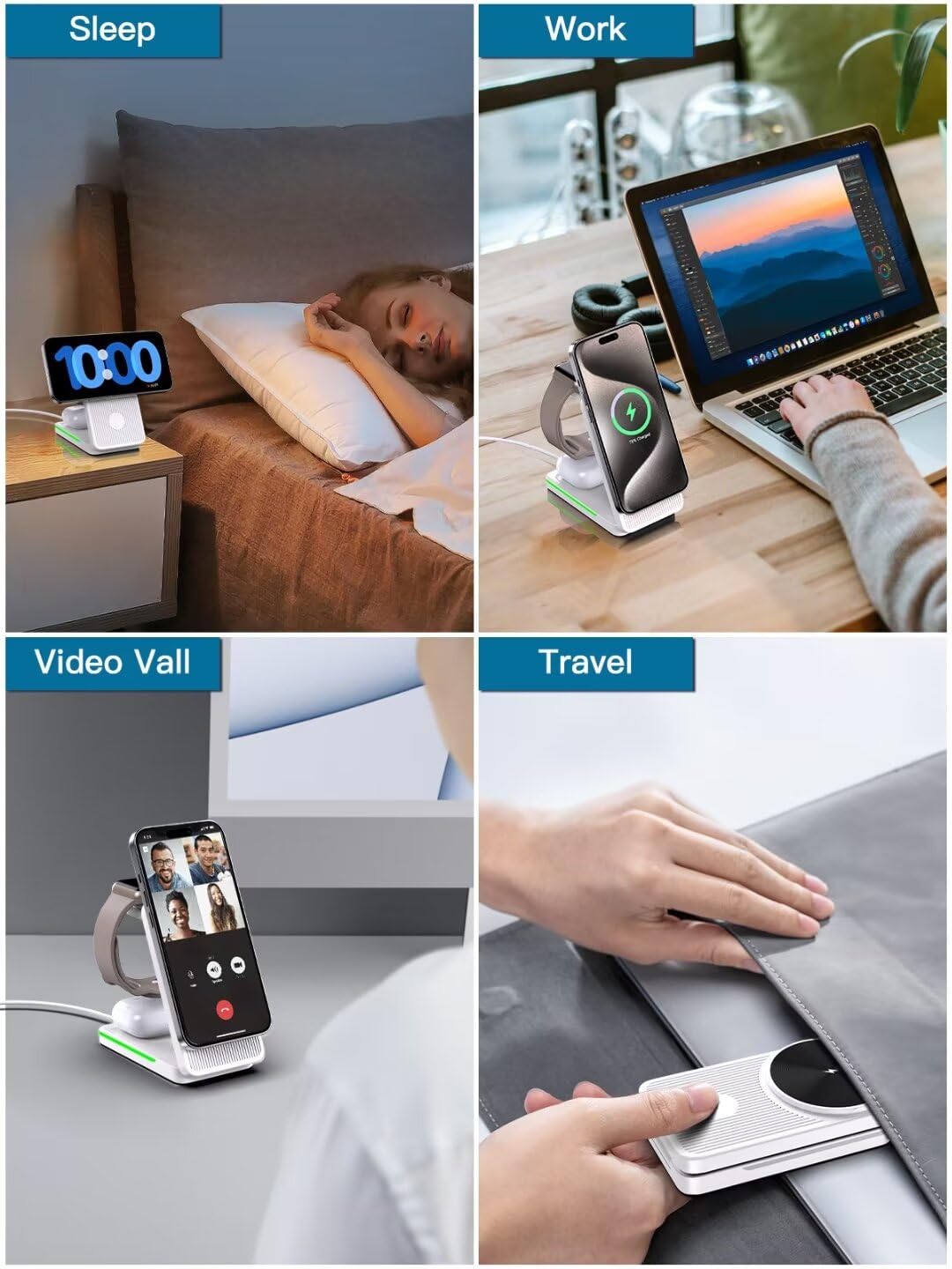 3-in-1 Foldable MagSafe Wireless Charging Station for iPhone 16 Pro Max/15/14/13/12, Apple Watch & AirPods - White | Bedside Nightstand Charger for Home, Office & Travel