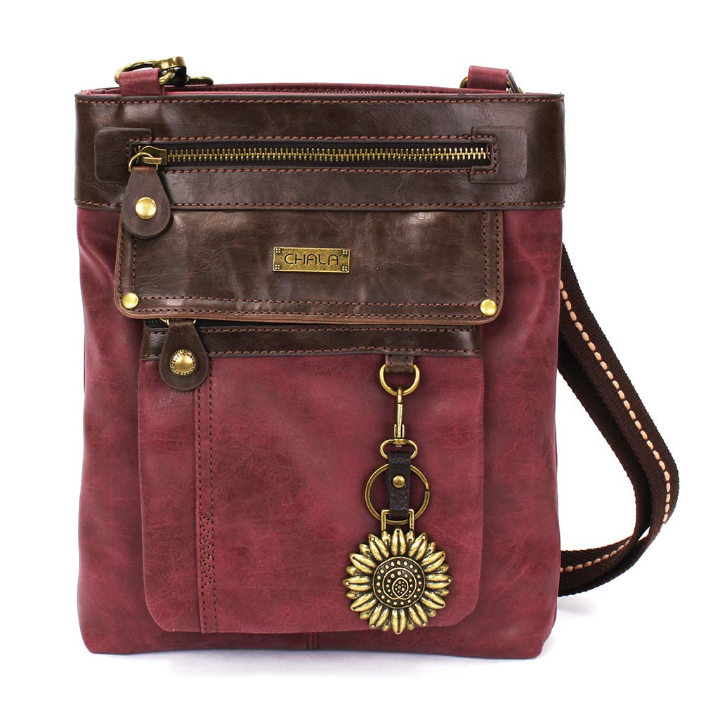CHALA GEMINI Crossbody Bag - Canvas Messenger Purse for Women, Burgundy Sunflower Print, Gift for Her - Perfect for Work, Travel & Everyday Use