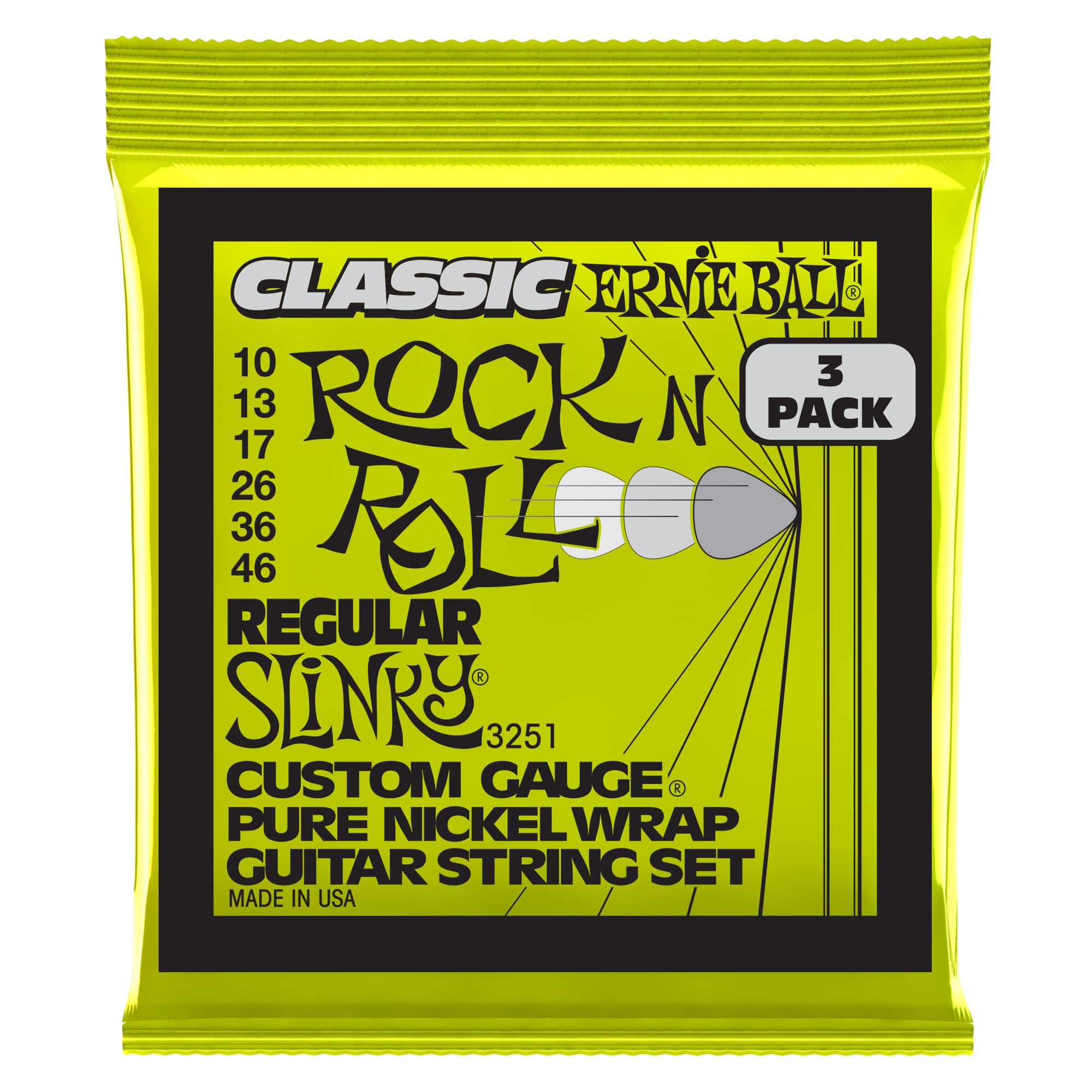 Ernie Ball Regular Slinky 10-46 Gauge Pure Nickel Electric Guitar Strings 3-Pack (P03251) - Perfect for Rock, Blues & Studio Recording