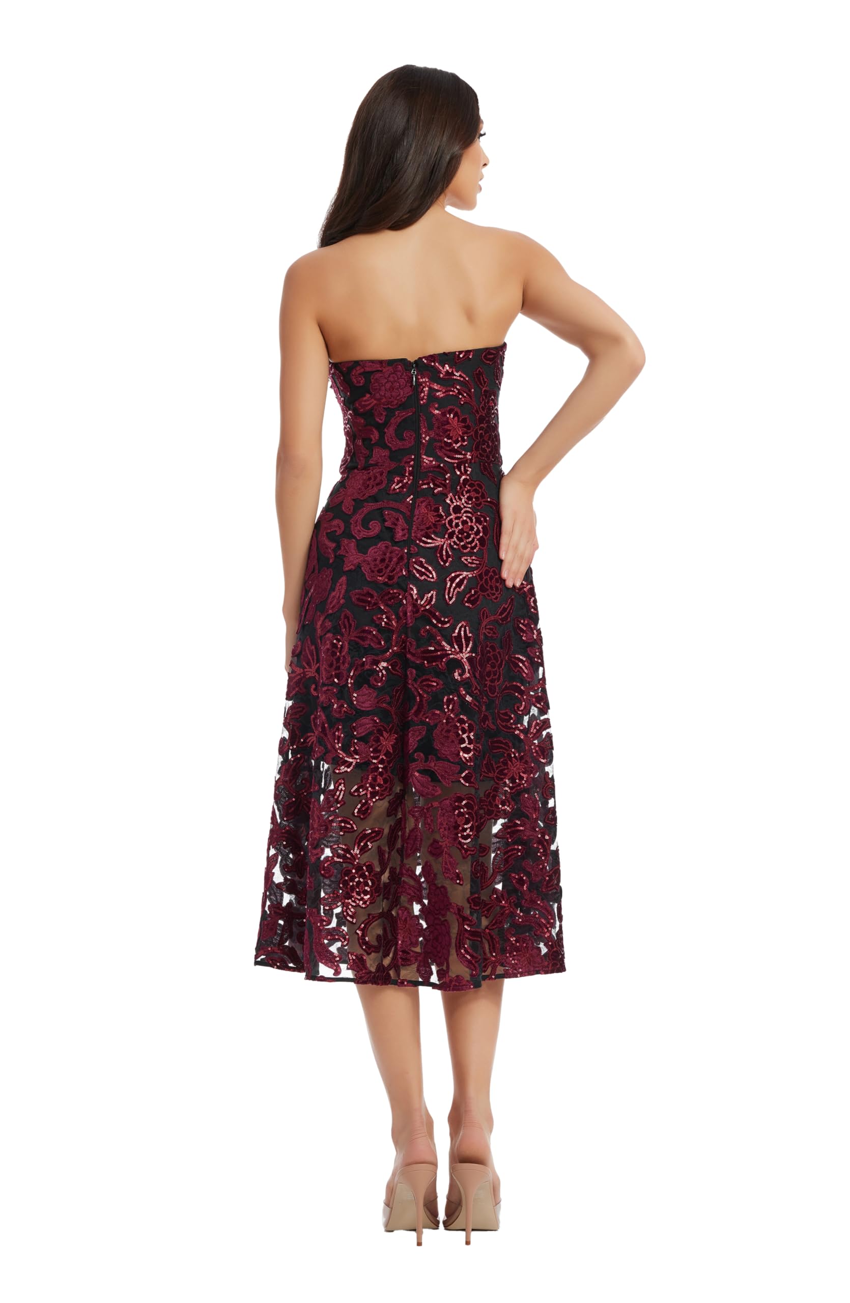 Dress the Population Women's Sadie Fit and Flare Midi Dress - Elegant A-Line Cocktail Dress for Weddings, Parties & Special Occasions