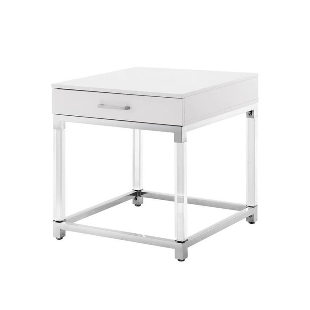 Briar 1-Drawer Metal Nightstand with Acrylic Legs - White Chrome Finish Bedside Table for Living Room, Bedroom & Office Use