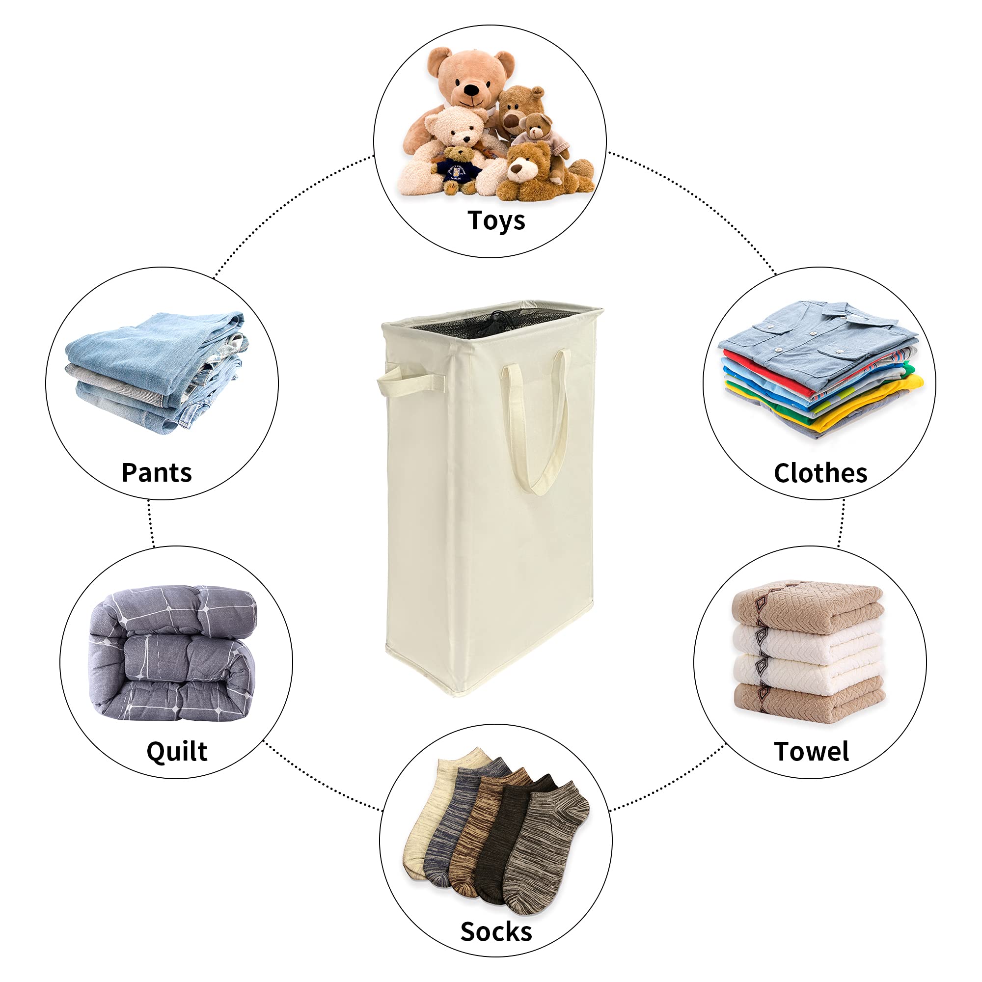 24 Inch Slim Large Collapsible Fabric Laundry Hamper - Tall Thin Space Saving Laundry Basket with Handles for Dirty Clothes - Perfect for Small Spaces, Bedrooms, Closets & Laundry Rooms (Beige)