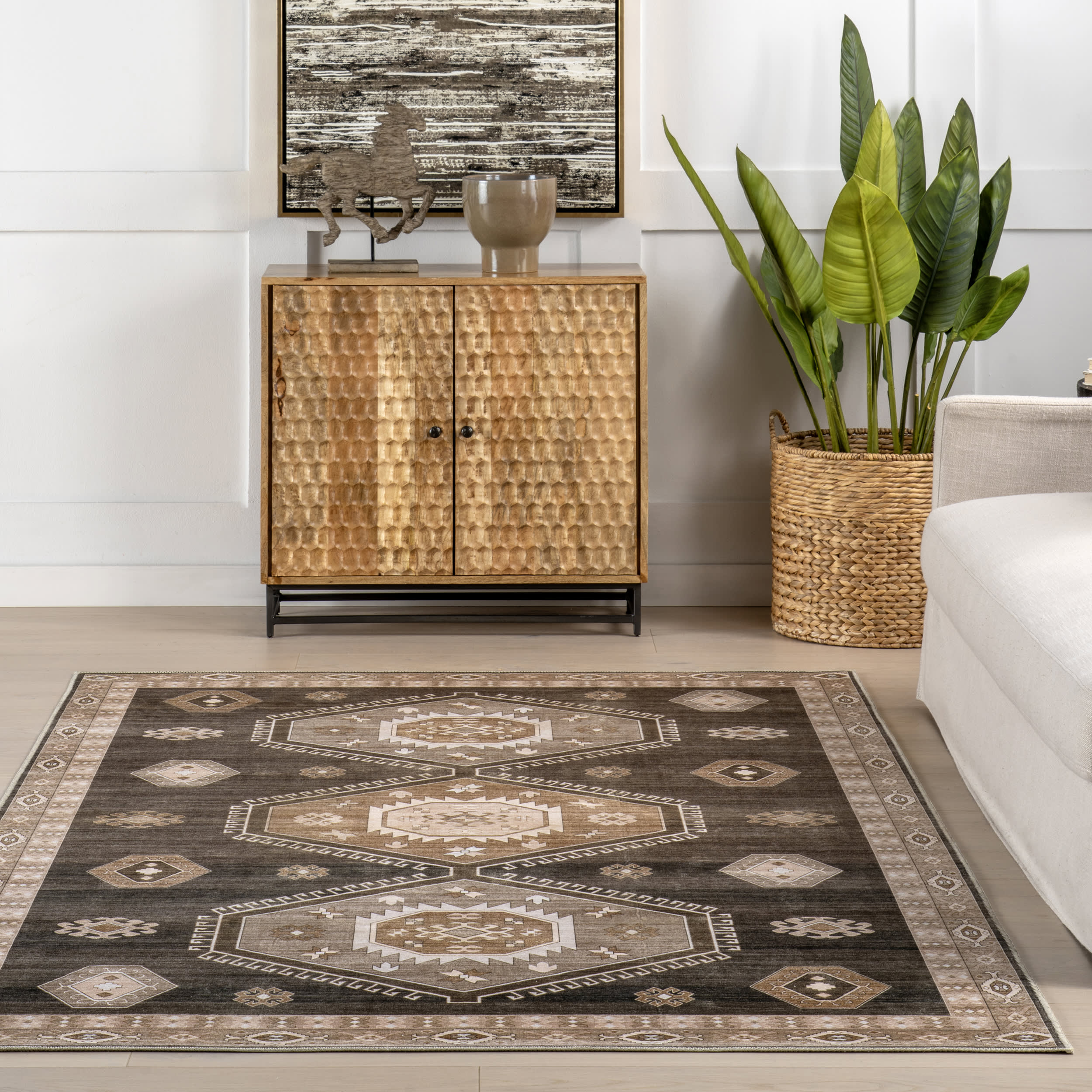 Dark Brown Taro Medallion Spill Proof Washable Rug - Non-Slip Kitchen & Living Room Floor Mat for Home Decor