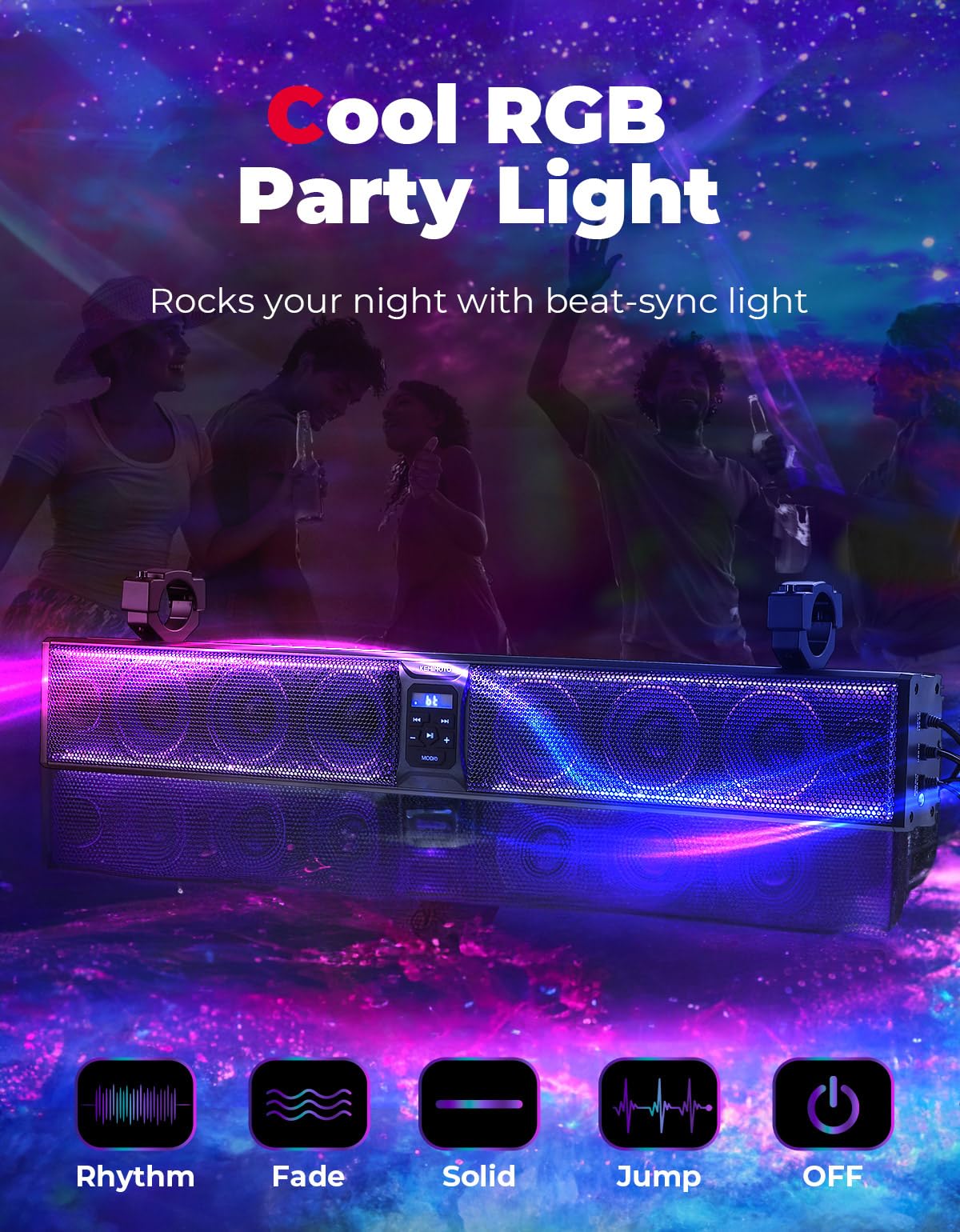 KEMIMOTO 33 Inch 8 Speaker UTV Sound Bar - Waterproof Bluetooth Sound System with Multicolor LED Lights, Heavy-Duty Aluminum Housing for SXS, Golf Cart, Marine Boat - Fits 1.75''-2.25'' Roll Bars | Perfect for Off-Road Adventures, Beach Parties & Outdoor Entertainment