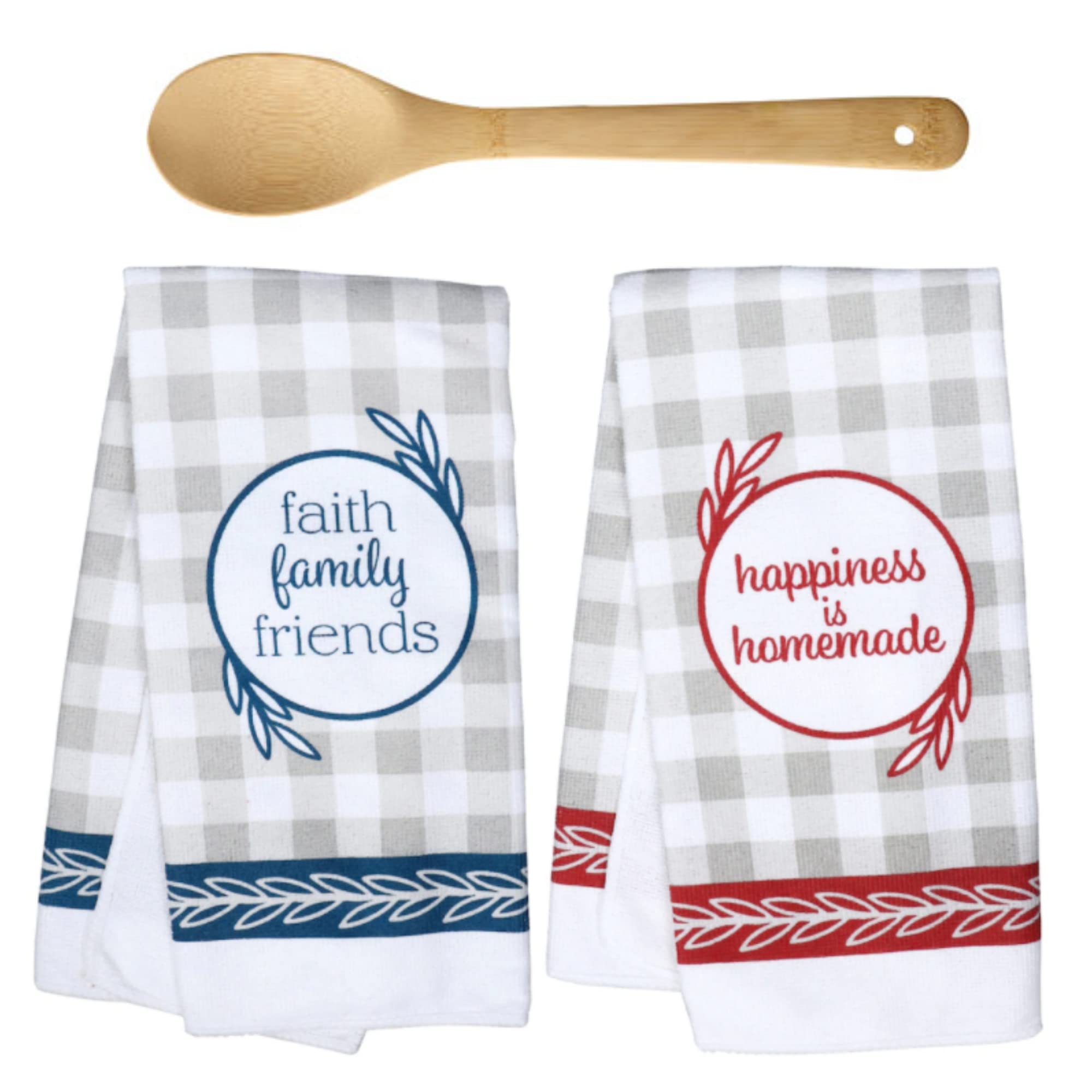 Premium 2-Pack Kitchen Towel Set with Bamboo Spoon - Soft & Absorbent for Cooking, Baking & Cleaning - Perfect for Home, Gifts & Farmhouse Decor (Faith Family Friends - Happiness is Homemade)