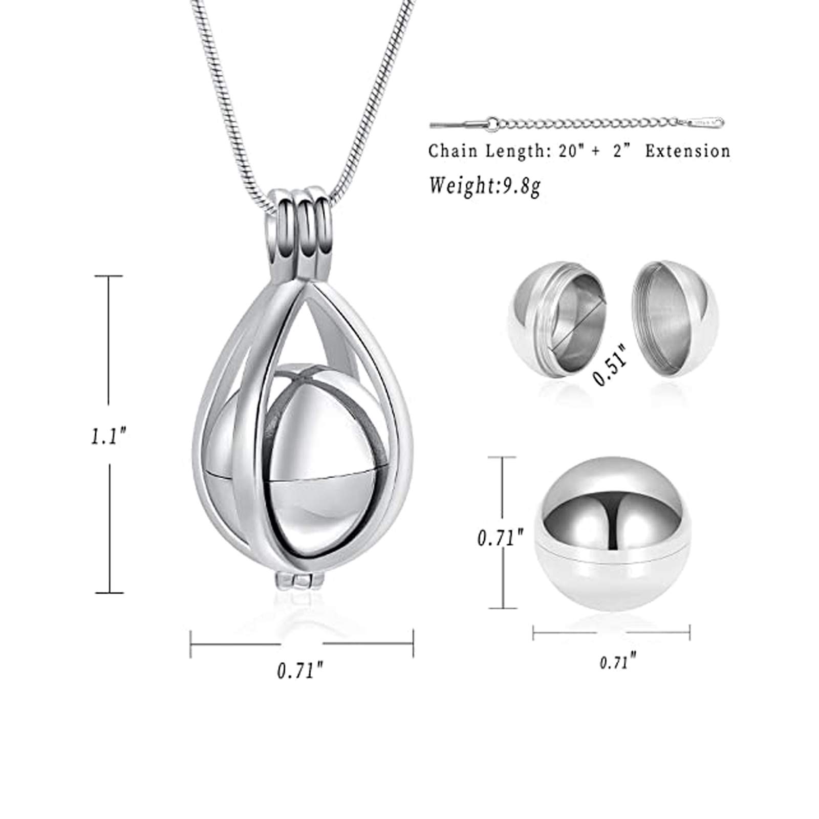 Minicremation Teardrop Hollow Ball Urn Necklace for Ashes - Memorial Jewelry Pendant for Human & Pet Cremains - Perfect for Keeping Loved Ones Close During Travel, Work & Special Occasions