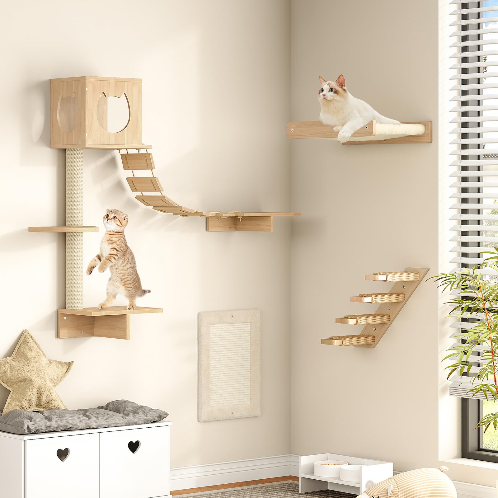 HOOBRO 5-Piece Wooden Cat Wall Shelves Set - Cat Climbing Furniture, Corridor, House, Plush Hammock & Scratching Board - Durable Natural Wood for Indoor Cat Play (Model NL45CS03) | Perfect for Small Spaces, Cat Exercise & Wall Decor