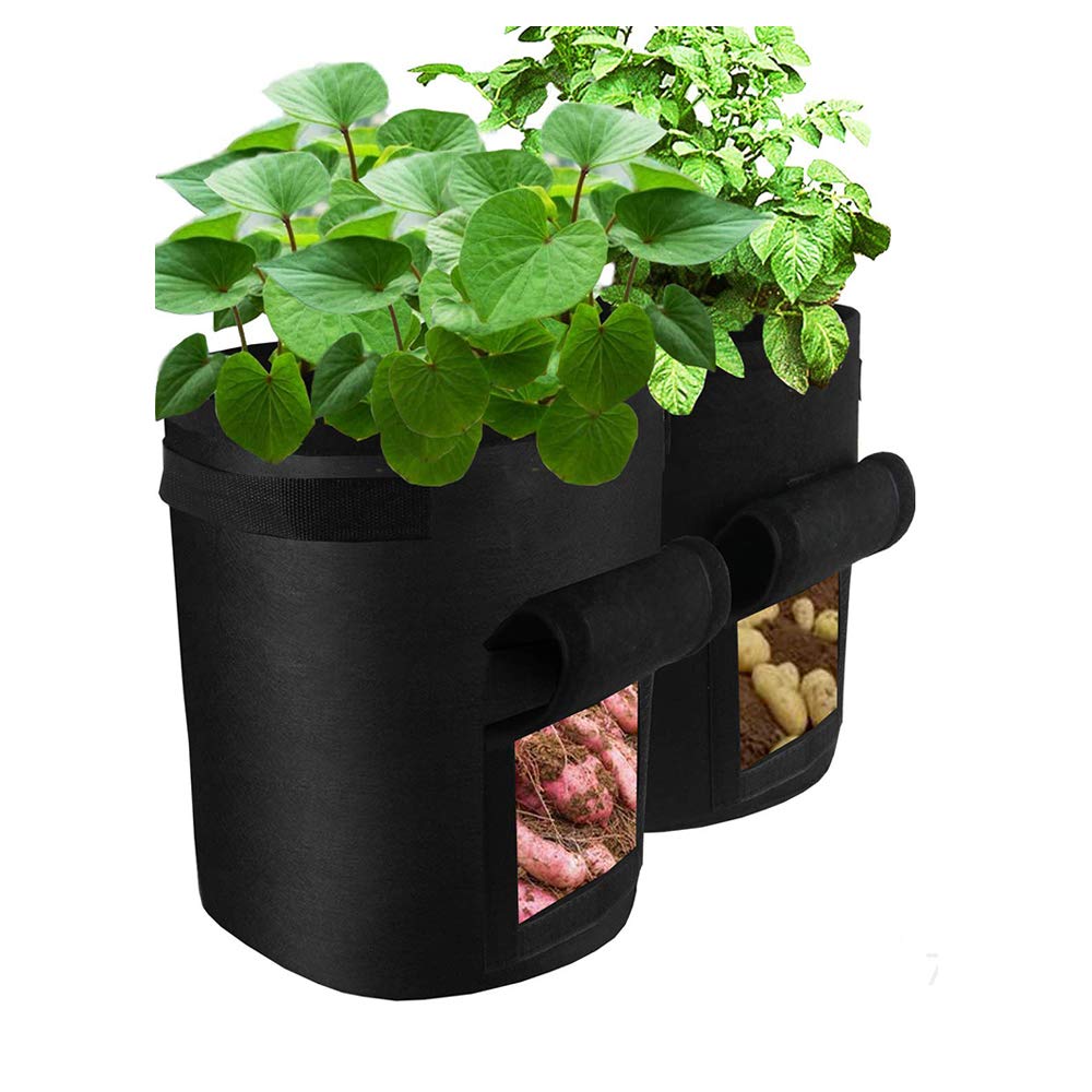 2 Pack 10 Gallon Garden Grow Bags with Handles & Velcro Window - Premium Breathable Fabric Plant Pots for Vegetables, Flowers & Herbs - Ideal for Indoor/Outdoor Gardening, Balcony & Patio Planting (Black)