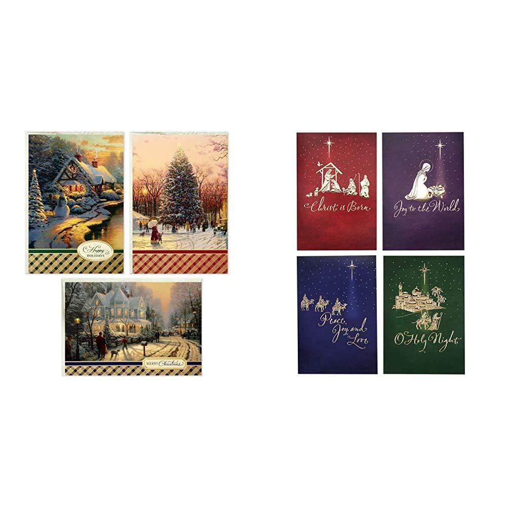 Hallmark Thomas Kinkade Christmas Card Set - 3 Designs, 24 Religious Holiday Cards with Envelopes & Image Arts Boxed Christmas Cards - 4 Designs, 24 Festive Greeting Cards | Perfect for Holiday Gifts, Church Events & Family Christmas Wishes