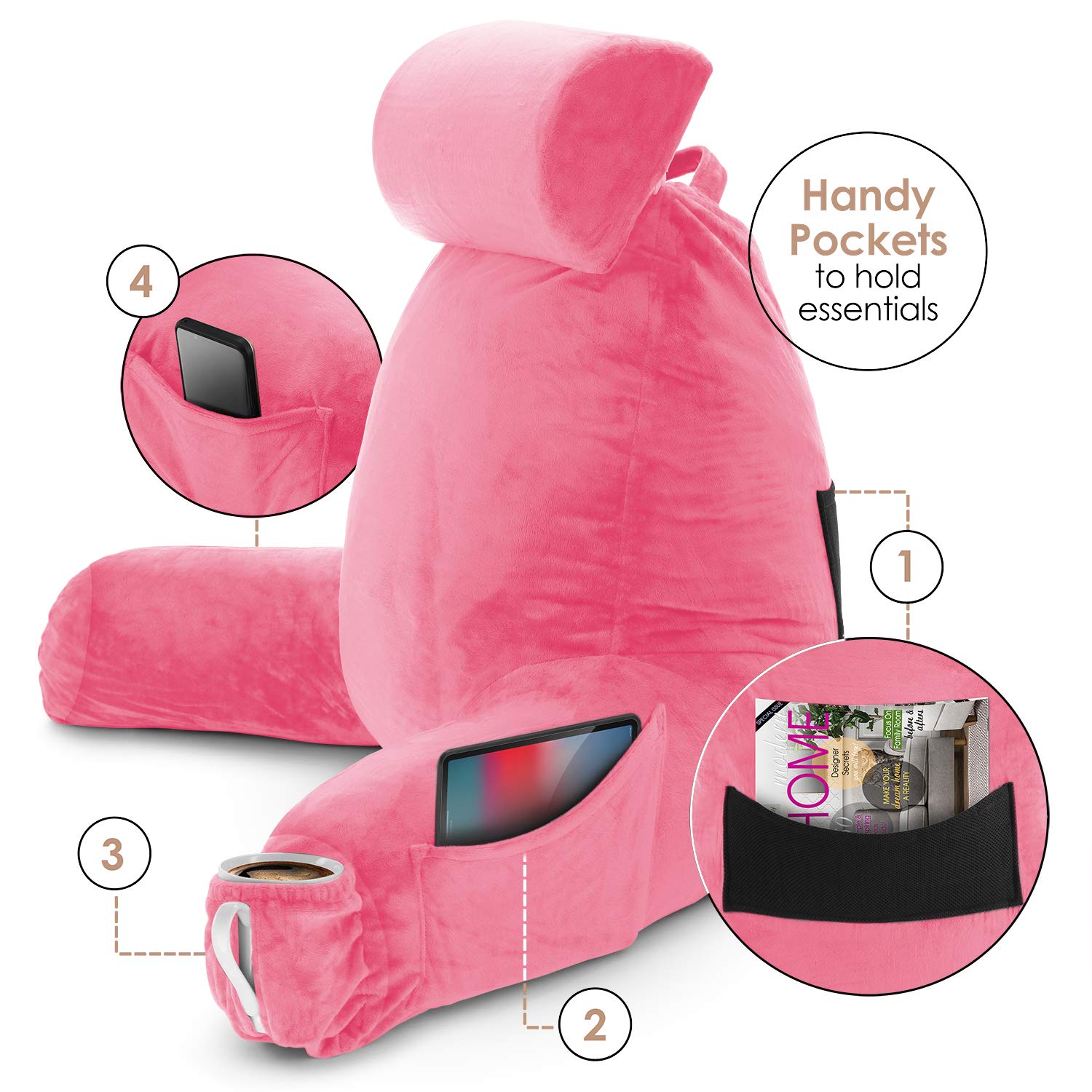 Nestl Large Reading Pillow with Shredded Memory Foam - Back Support Pillow for Sitting in Bed, Armchair or Sofa - Light Pink Bed Rest Pillow with Pockets - Perfect for Reading, Watching TV, or Relaxing in Bed