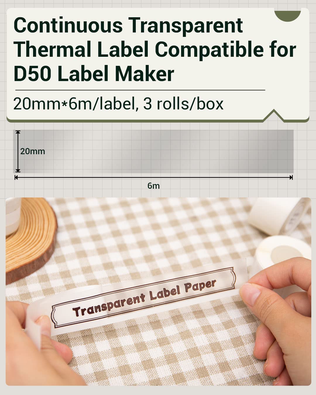 Phomemo D50 Portable Label Maker with 3 Rolls Clear Continuous Adhesive Labels (20mm x 6m) - Perfect for Home Organization, Office Filing & Craft Labeling