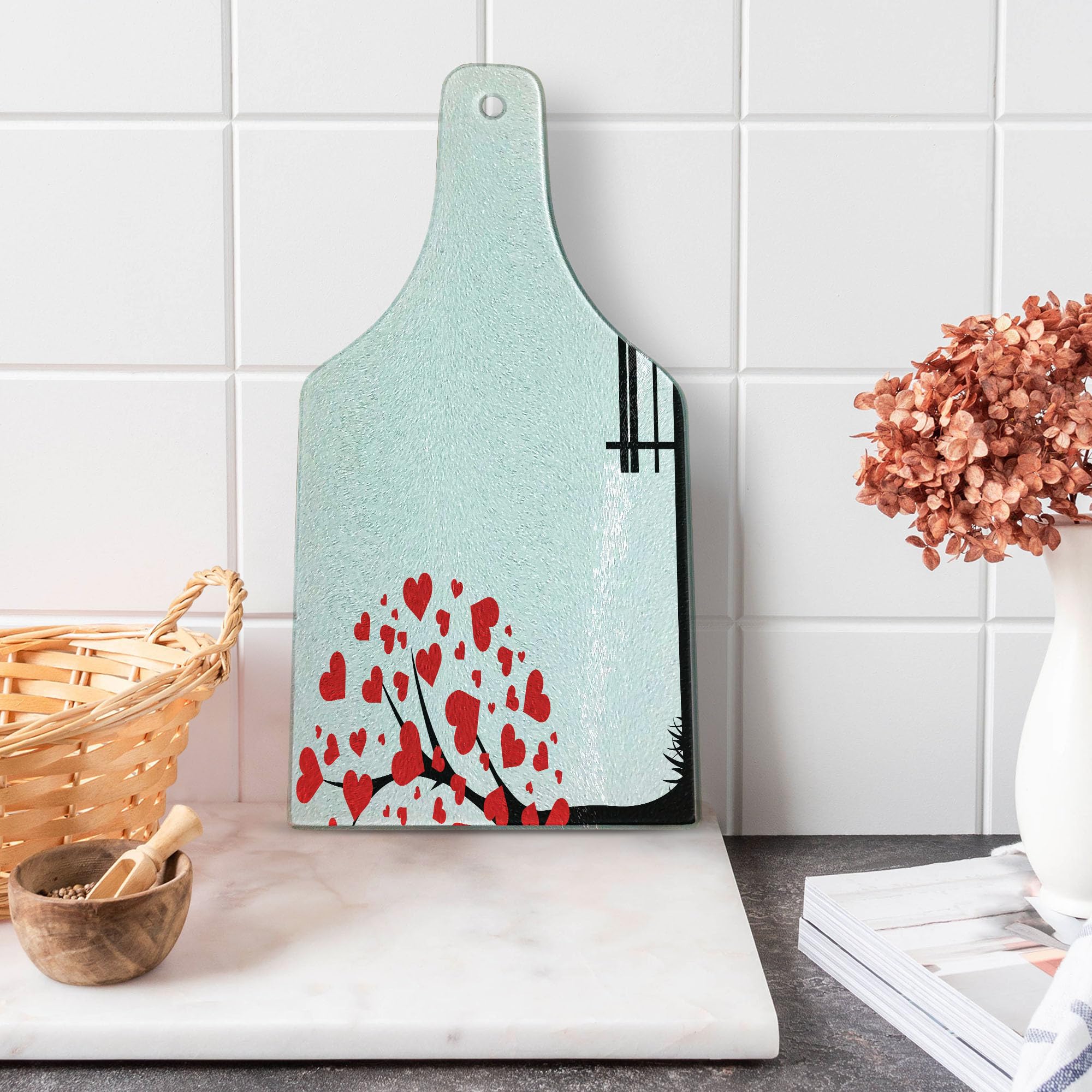 Ambesonne Romantic Tree Cutting Board - Heart-Shaped Leaves & Bench Design - Tempered Glass Serving Board for Wine & Cheese - Valentine's Day Gift & Kitchen Decor (Red & Black)