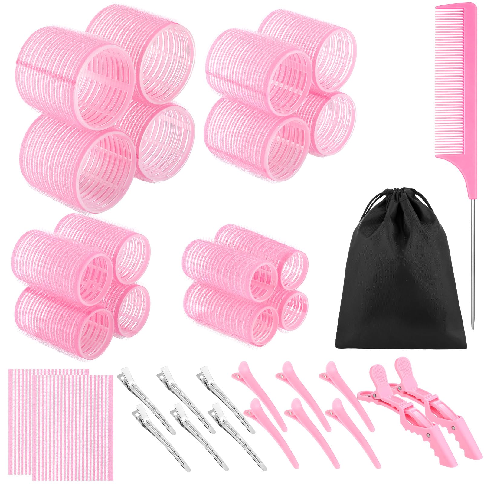 4 Sizes Self-Grip Hair Rollers Set - 16 Pink Hair Rollers for Women with 17 Hair Clips, Hair Pad & Rat Tail Comb - Volumizing Curlers for Long, Medium & Short Hair - Perfect for Home Styling, Salon Looks & Special Occasions