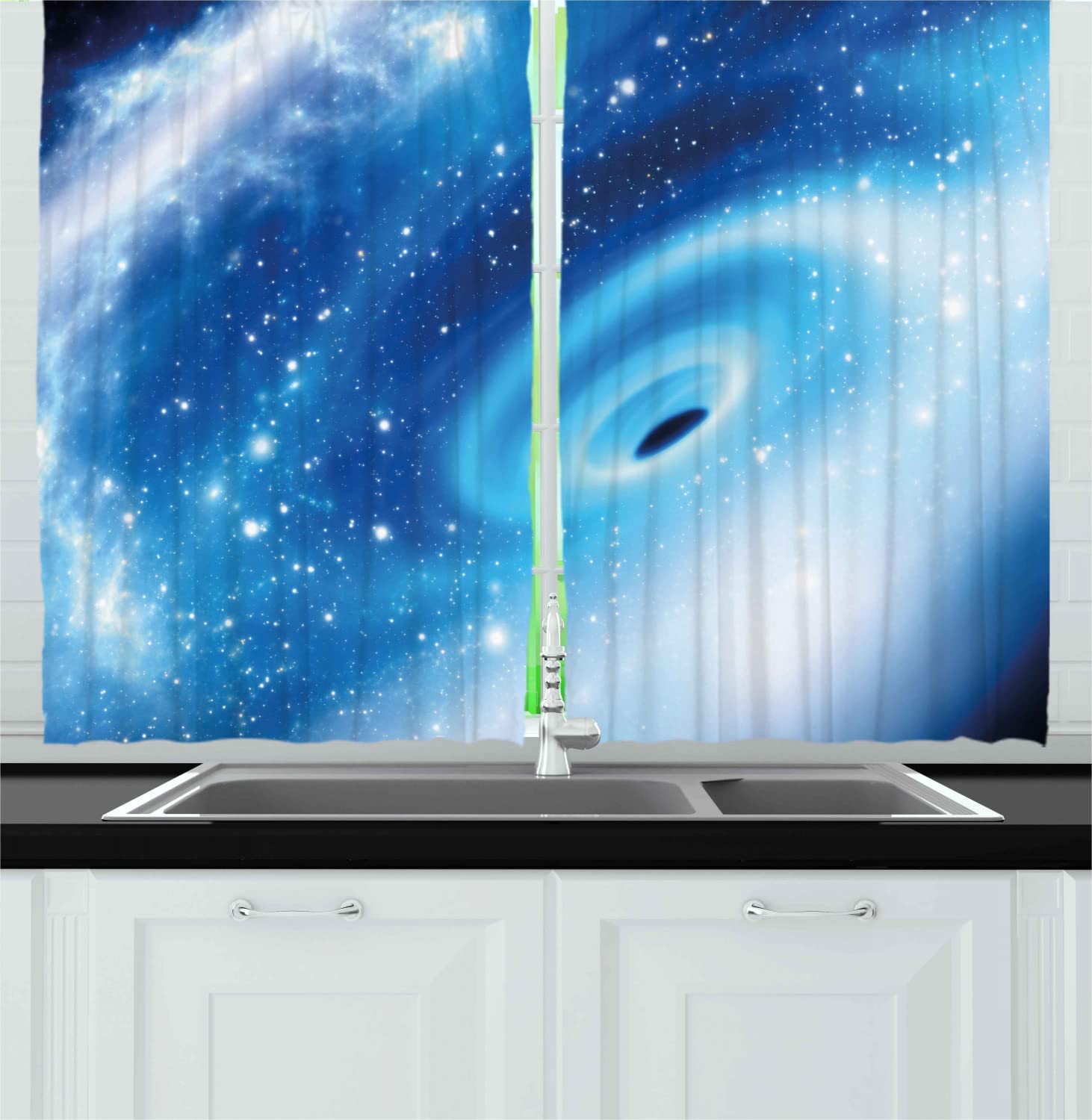 Ambesonne Constellation Long Kitchen Curtains - Supermassive Black Hole Milky Way Galaxy Design, 2 Panel Rod Pocket Drapes 55x45 inches, Aqua Blue & White - Perfect for Space-Themed Decor, Astronomy Lovers' Kitchen & Living Room