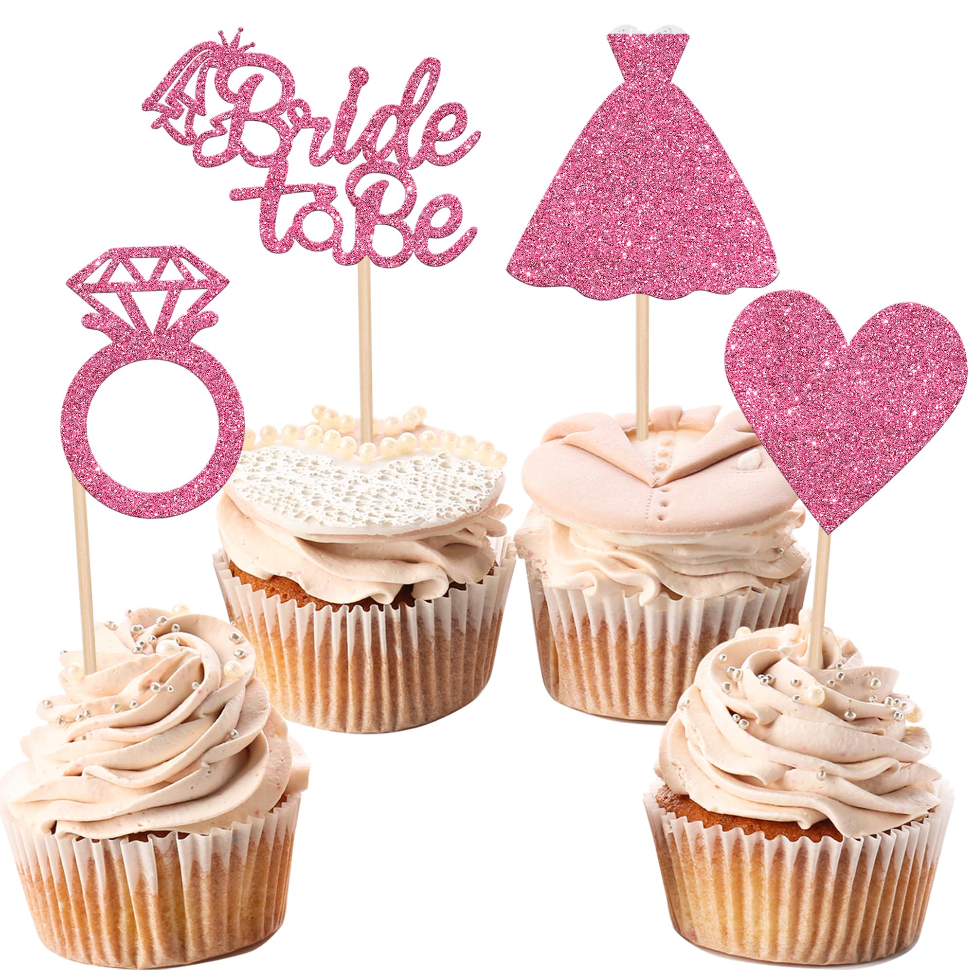 24 PCS Bride to Be Cupcake Toppers - Heart Ring Dress Bridal Shower Cupcake Picks for Wedding, Engagement & Bachelorette Party - Pink Cake Decorations Supplies - Perfect for Bridal Showers, Wedding Receptions & DIY Cake Decorating
