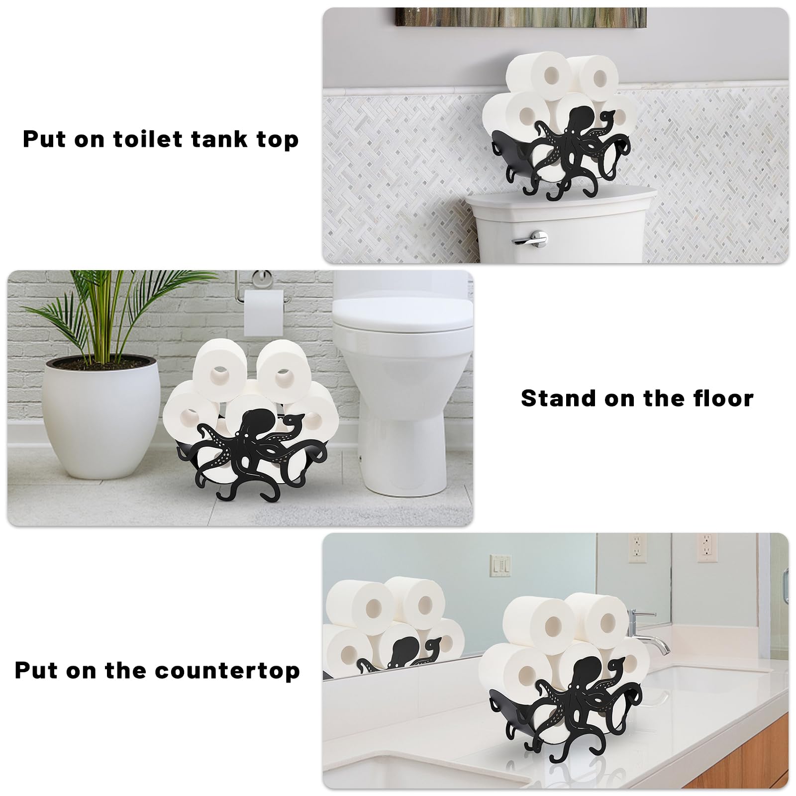 Octopus Toilet Paper Holder - Freestanding Metal Bathroom Tissue Roll Organizer for Shelf, Table, Counter & Floor | Whimsical Home Decor for Bathroom, RV & Office Use