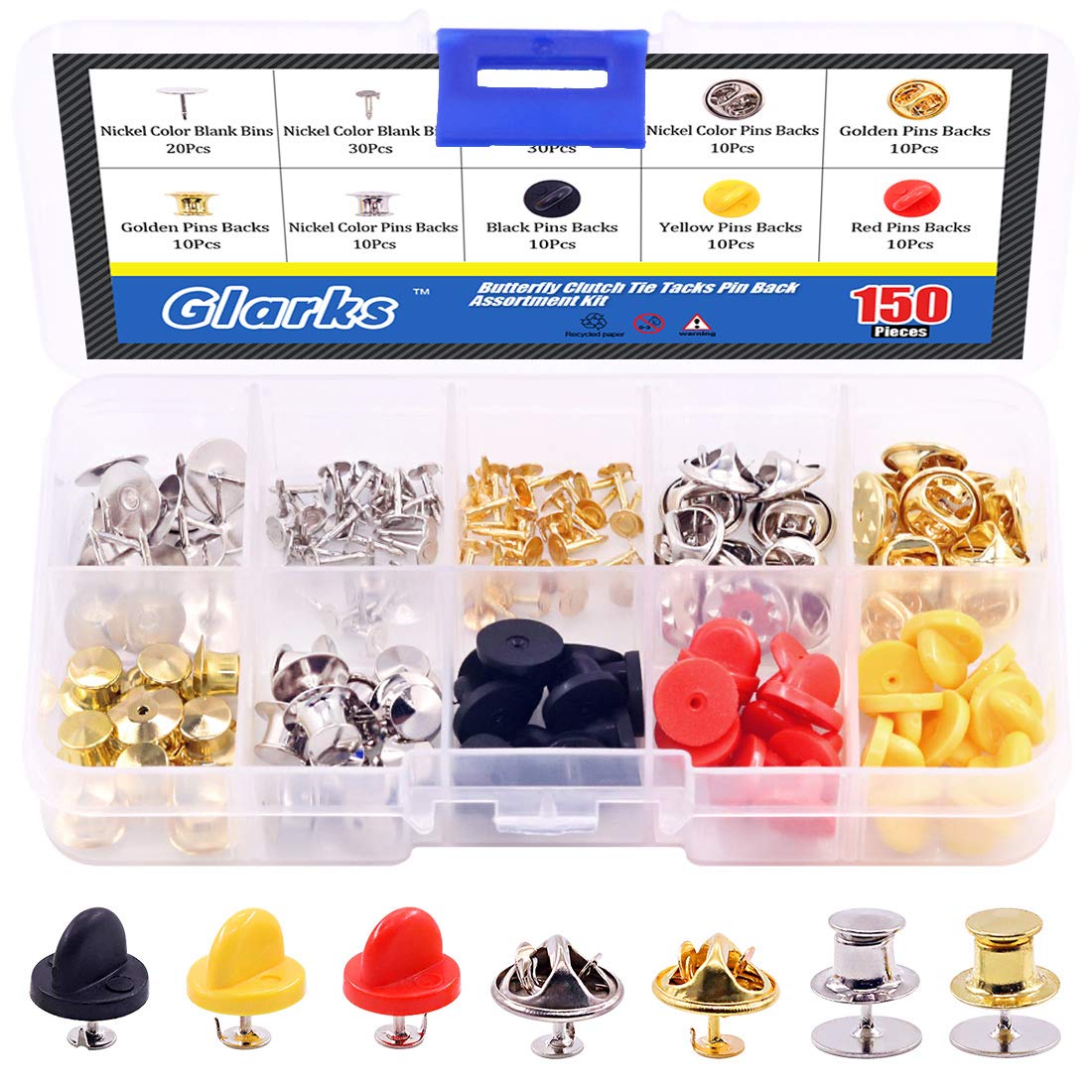 Glarks 150Pcs 3 Style Clutch Tie Tacks with Plastic Pin Backs & Blank Pins - Lapel Pins, Service Bars, Jewelry Making & DIY Craft Supplies - Perfect for Uniform Accessories, Badge Making & Creative Projects