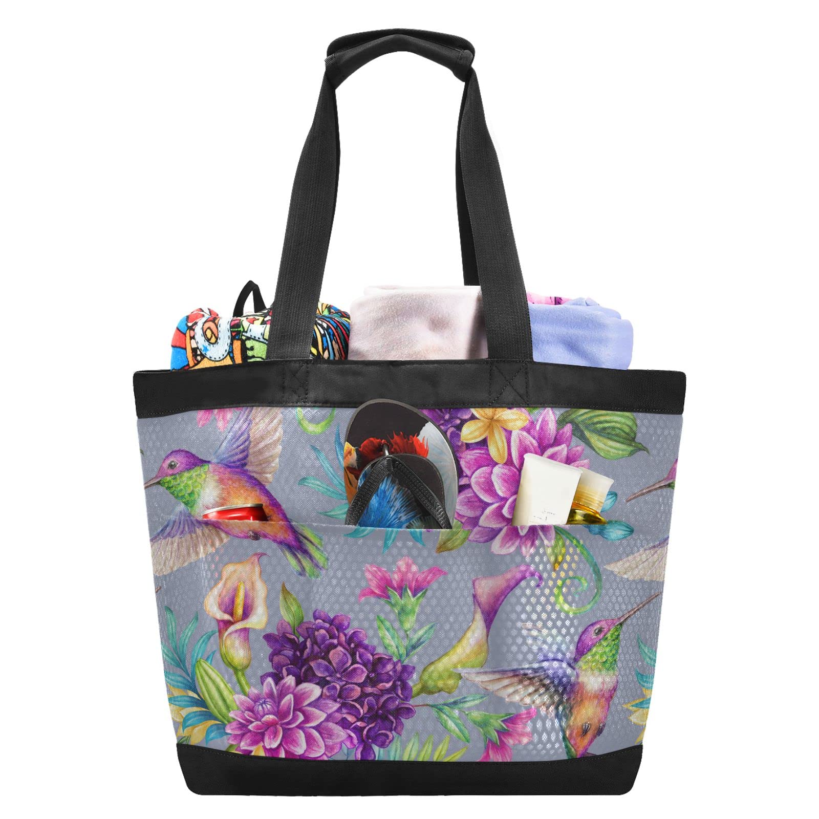 Hummingbird Flowers Waterproof Beach Tote Bag - Large Mesh Pool & Gym Yoga Travel Bag, White - Perfect for Beach Days, Poolside Lounging & Yoga Sessions
