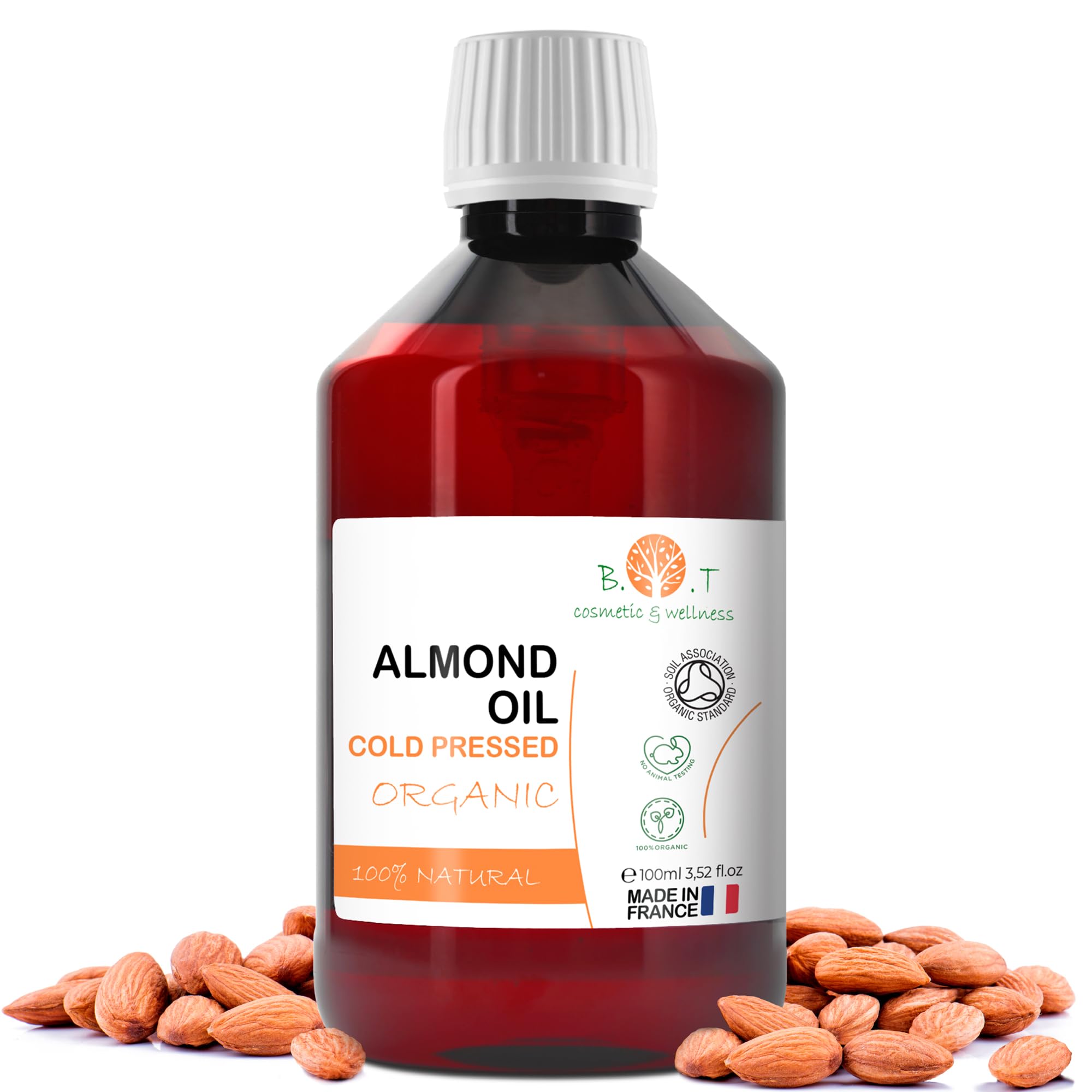 Organic Cold Pressed Sweet Almond Oil - 100% Pure Natural Carrier Oil for Hair, Skin & Nails | Massage Oil, Face Moisturizer, Stretch Mark Prevention & Baby Care | Anti-Aging Treatment & Cuticle Oil for Healthy Nails | 100ml Bottle for Spa, Home & Travel Use