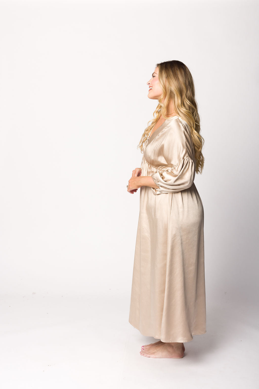 Hunter Premium Satin Midi Dress in Champagne - Bump Friendly Maternity Dress for Special Occasions & Pregnancy Photoshoots
