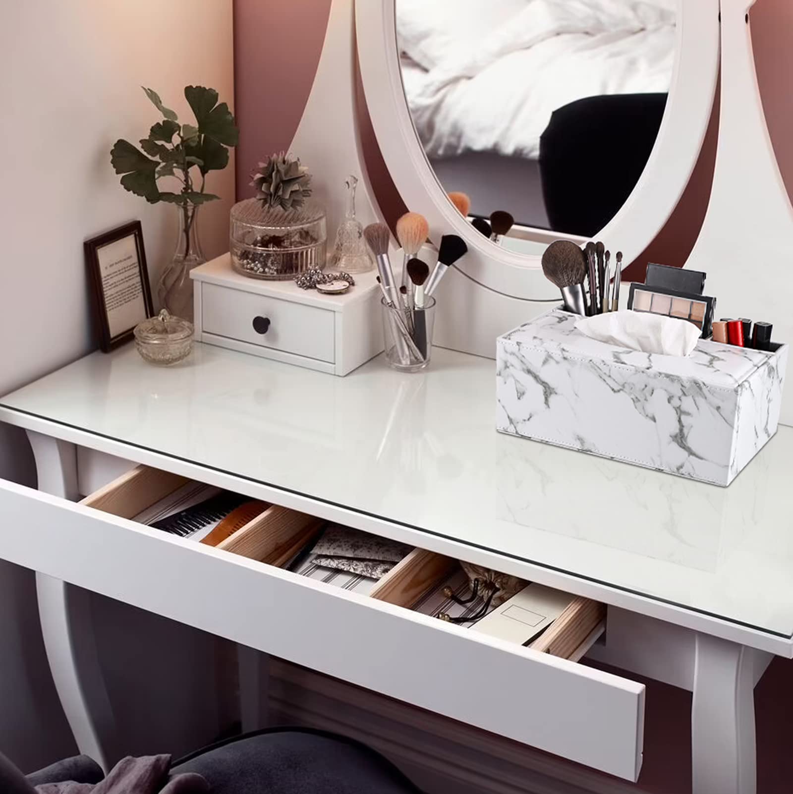 Sumnacon PU Rectangular Tissue Box Cover - Multifunctional Tissue Box Holder with Storage for Stationery & Remote Control | Decorative Organizer for Home, Office, Car & Restaurant | Marble White | Perfect for Living Room, Bedroom, Desk & Vehicle Use