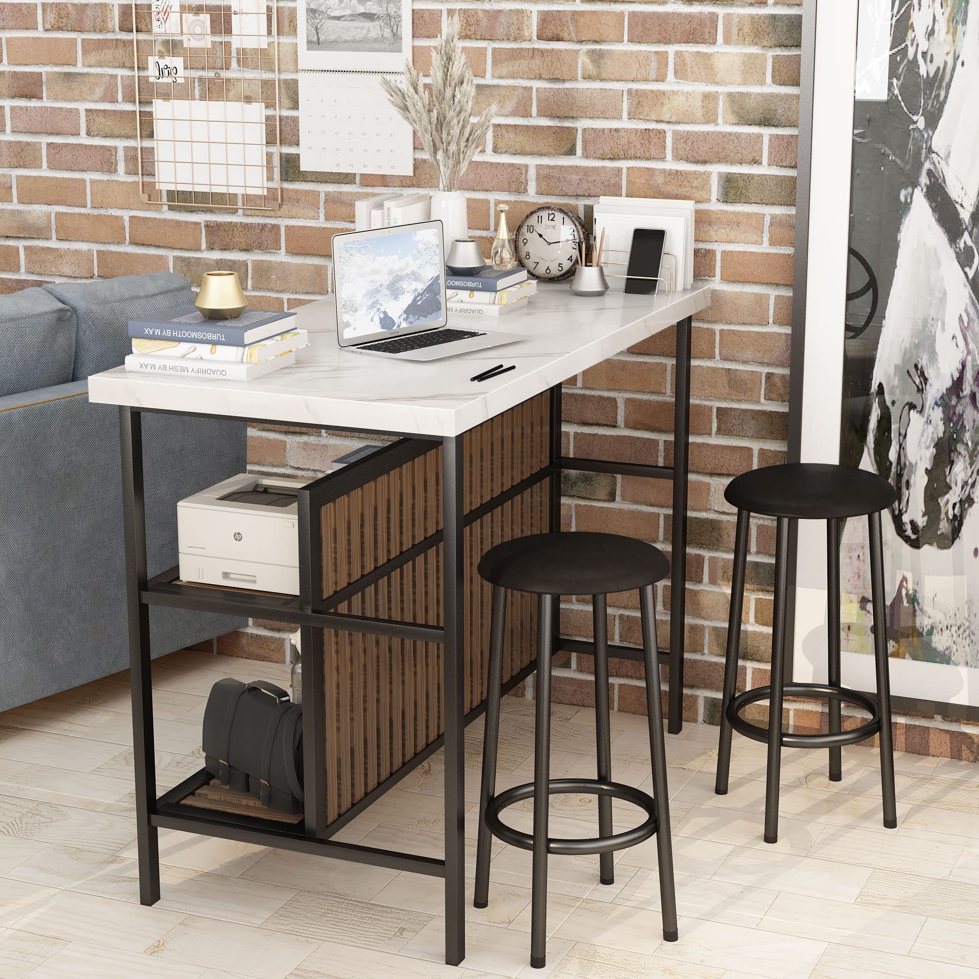 Modern White Kitchen Island with Stools & Storage - 3-Piece Dining Table Set for Small Spaces, Apartments & Home Bars | Perfect for Breakfast Nook, Entertaining Guests & Compact Kitchen Dining