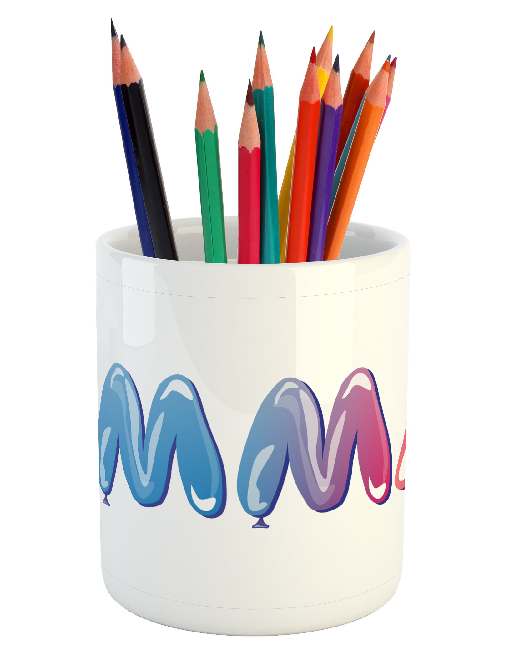 Ambesonne Emma Ceramic Pencil Holder - Elegant Feminine Name Design with Ornamental Balloons, Office Desk Organizer for Women | Perfect Gift for Birthdays, Graduation & Home Office Decor
