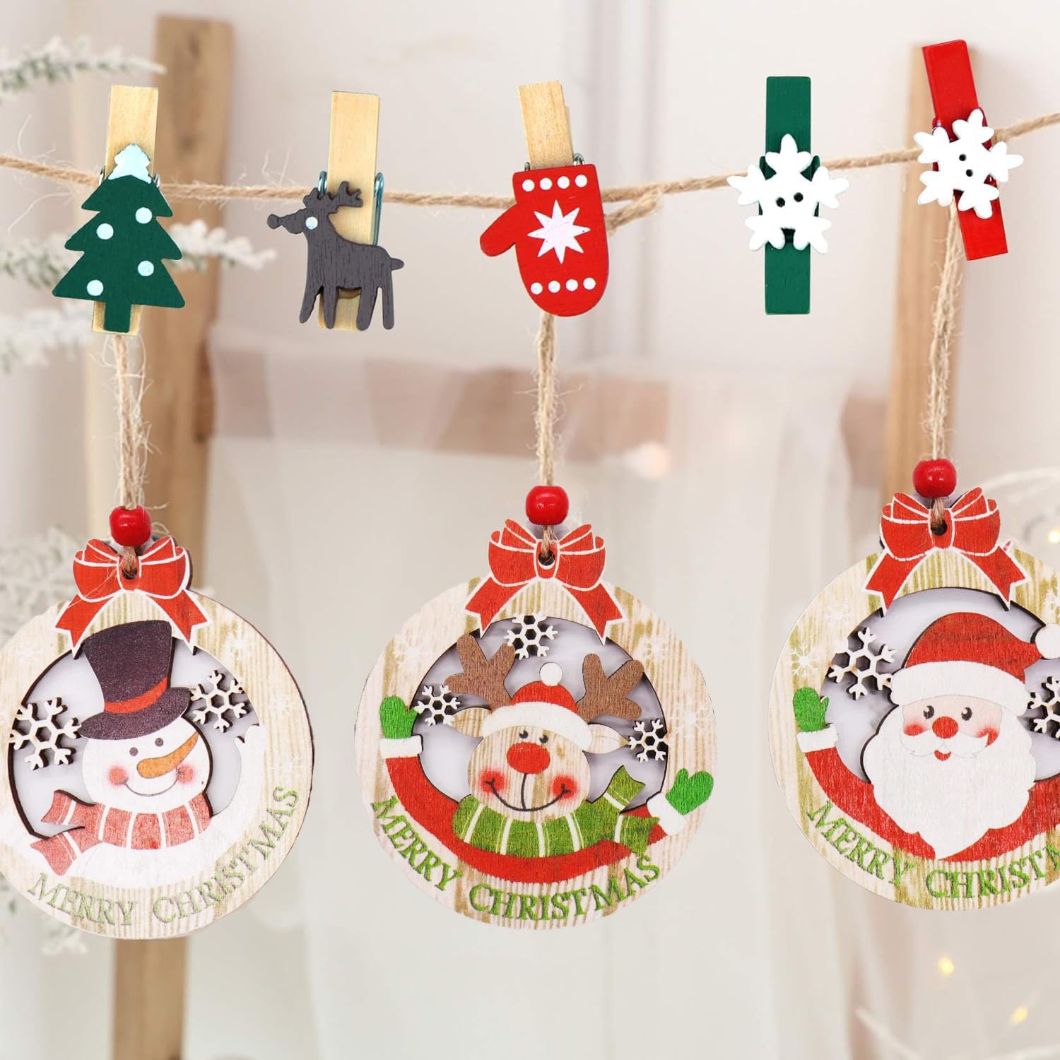 100pcs Christmas Wooden Photo Clips - Mini Clothespin Clips for Hanging Cards, Photos & Decorations - Includes 33 FT Hemp Rope - Perfect for Holiday Parties, DIY Crafts & Home Decor