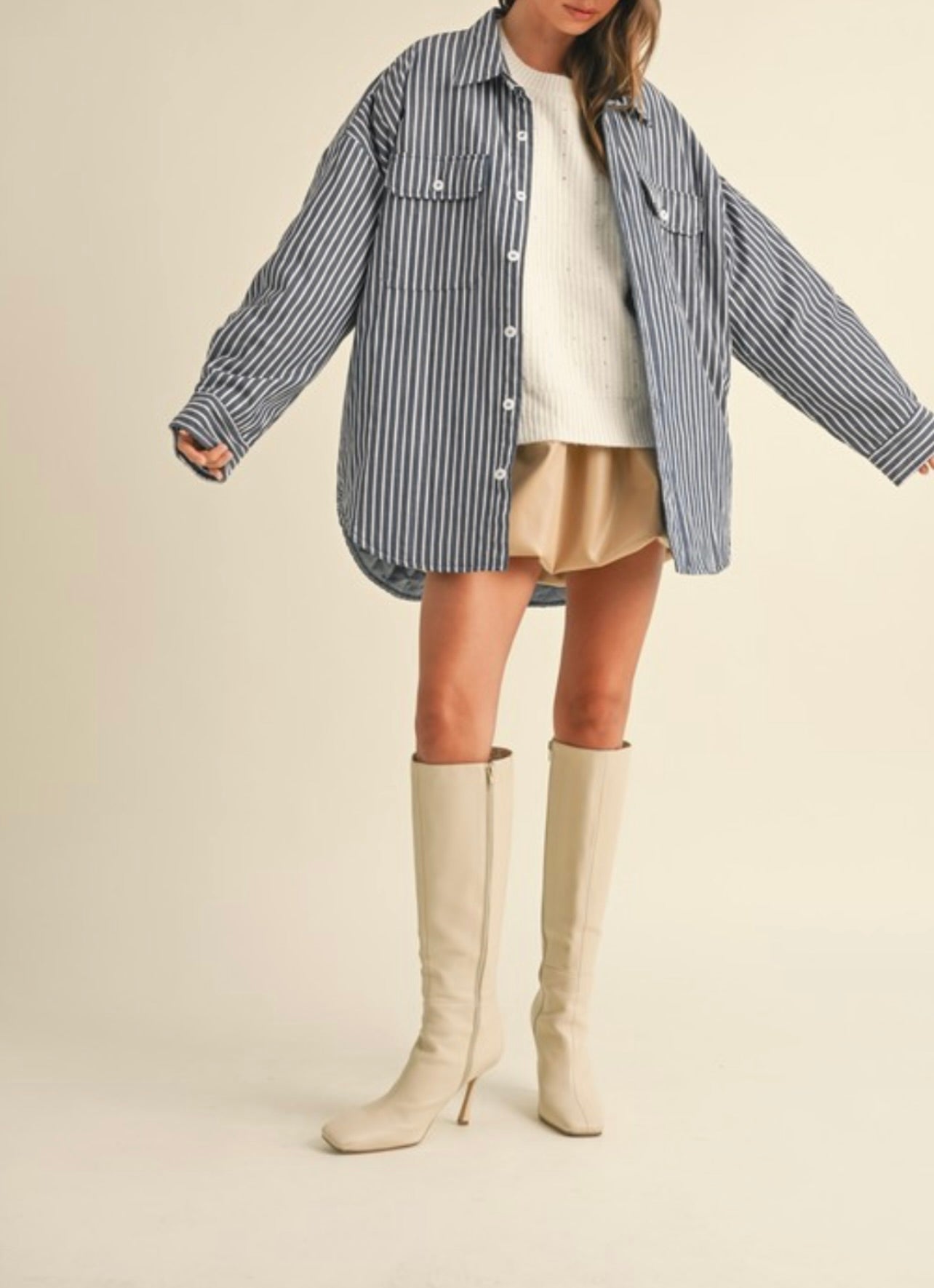 Blue Striped Padded Oversized Shacket for Women - Cozy Winter Layering & Casual Outfit Essential