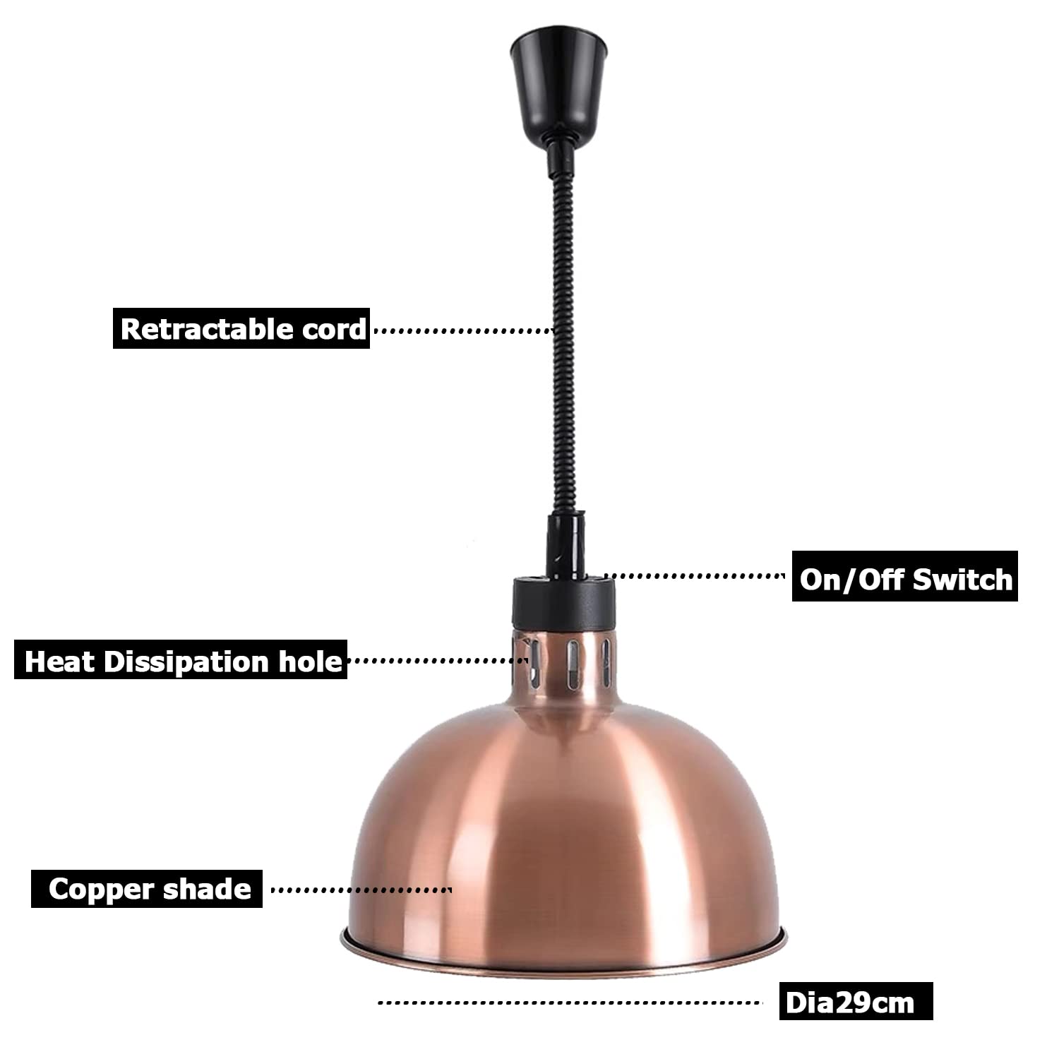 Copper 29CM Hanging Food Heat Lamp - Overhead Food Warmer Light for Restaurants, Buffets & Catering Events