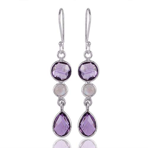 925 Sterling Silver Dangle Earrings for Women - February Birthstone Amethyst & Moonstone Bezel Set Earrings | Hypoallergenic Handmade Jewelry | Perfect Christmas Gift, Birthday Present & Special Occasion Accessory