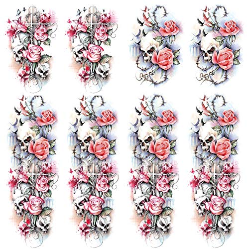 Leoars Halloween Temporary Tattoos - 4 Rose Flower Full Arm Sleeve & 4 Skull Rose Half Arm Tattoo Stickers for Men, Women, Girls | Perfect for Halloween Costumes, Parties, and Festive Makeup Looks