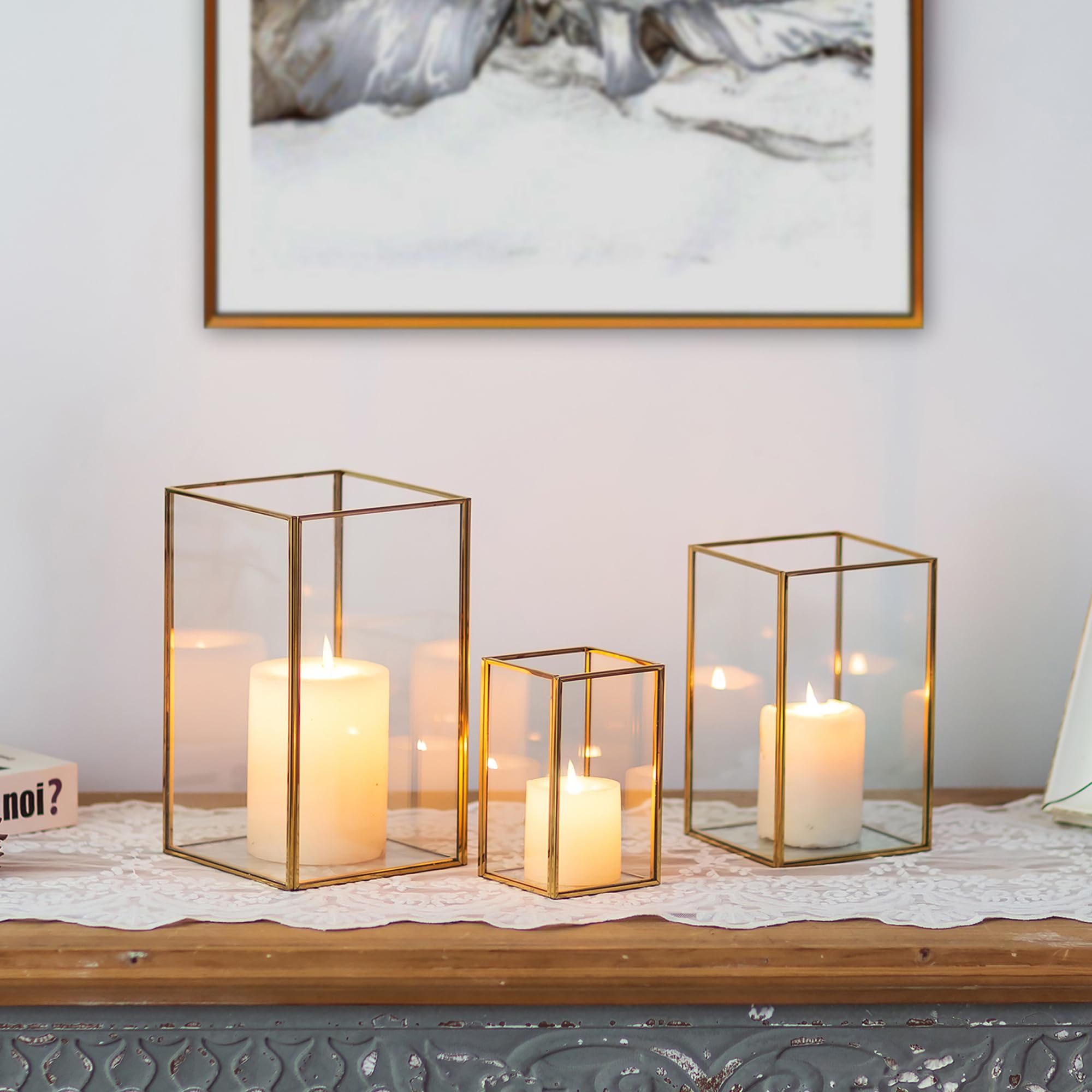 Glasseam Glass Hurricane Candle Holder Set of 3 - Gold Square Pillar Candle Holders for Wedding, Christmas & Home Decor - Modern Large Candle Holders for Table Centerpiece, Dining Room & Holiday Decorations