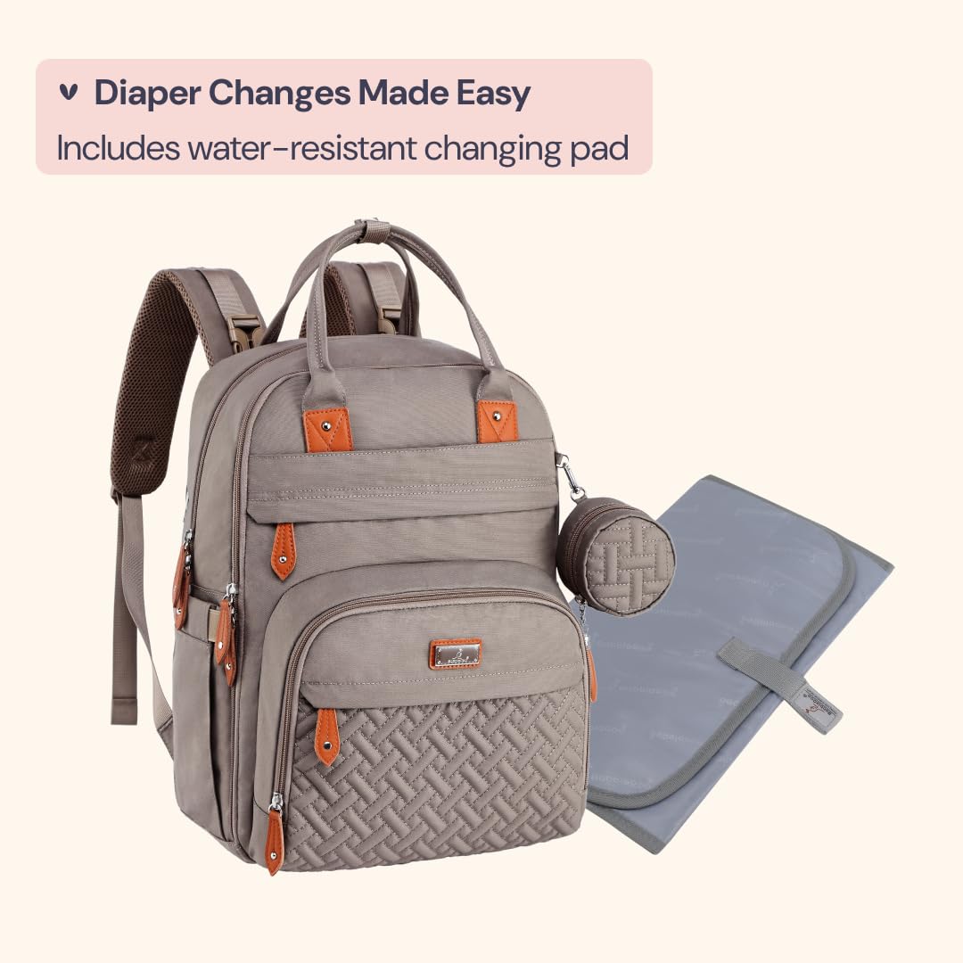 BabbleRoo Waterproof Diaper Backpack - Multifunctional Baby Travel Bag with Changing Pad, Stroller Straps & Pacifier Case - Unisex Khaki Diaper Tote for Parents - Perfect for Daycare, Travel & On-the-Go Parenting
