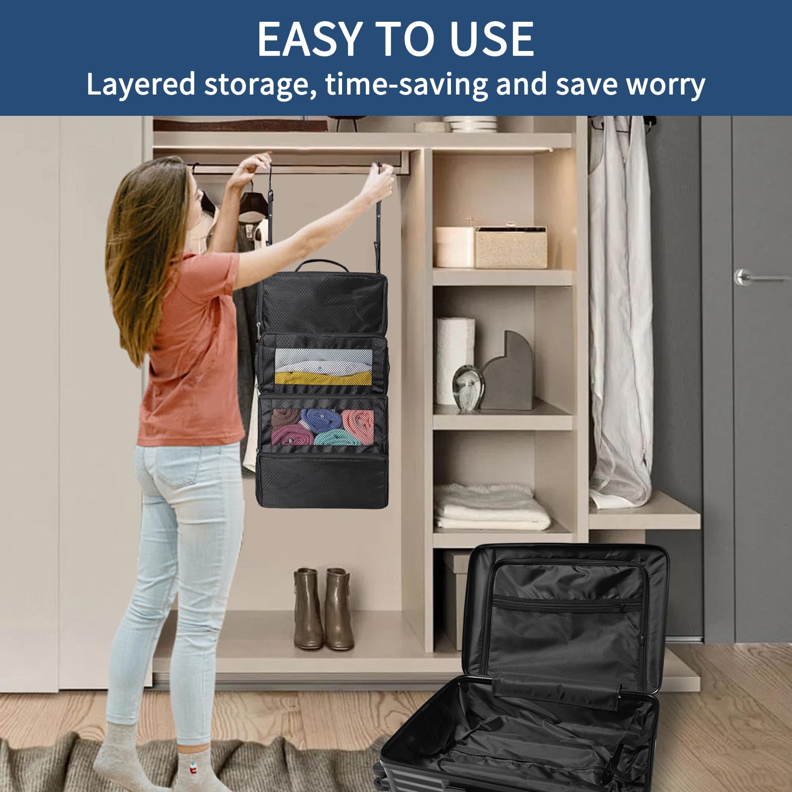 esouler Suitcase Organizer - Hanging Packing Cubes for Travel, Portable Collapsible Luggage Shelves for Carry-on Bags (Black, Small) | Perfect for Business Trips, Vacations & Weekend Getaways