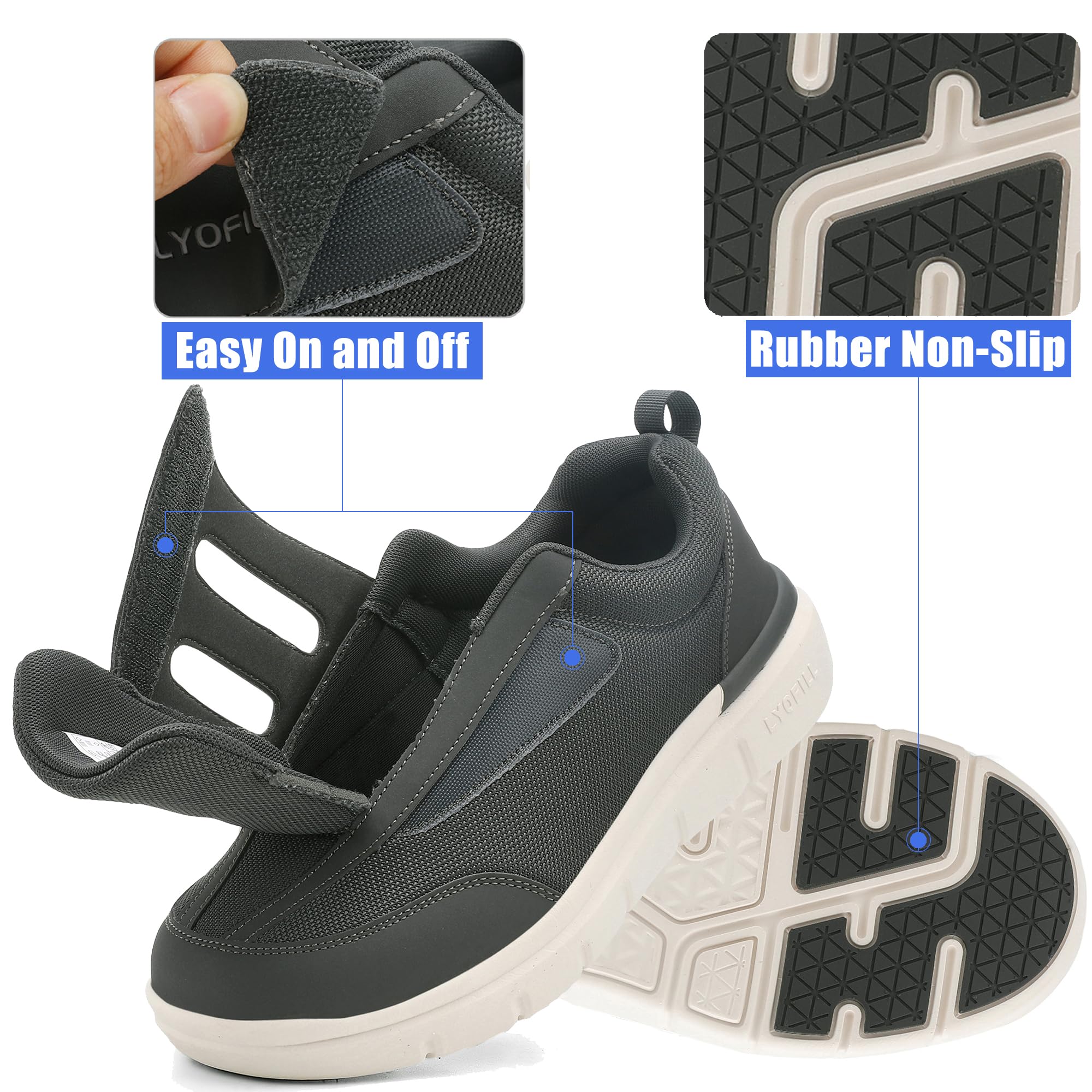 **Men's Wide Toe Box Walking Shoes - Lace-Free Adjustable Extra Wide Width Sneakers & Slip-On Loafers - Diabetic Shoes with Arch Support for Swollen Feet Pain Relief - Ideal for Walking, Travel & Daily Comfort**