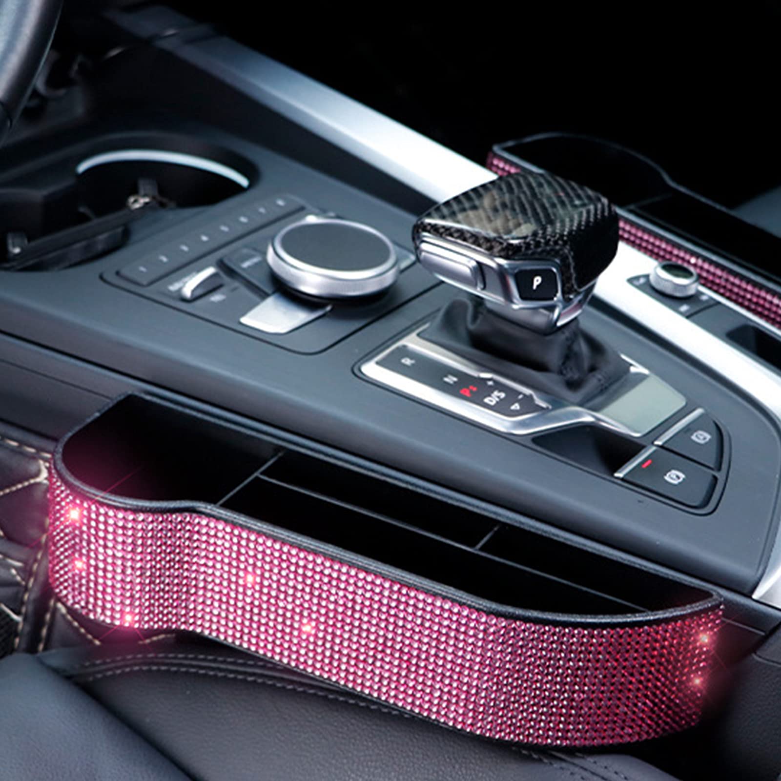 Diamond Crystal Car Seat Organizer - Console Side Pocket Storage Pouch for Cellphone, Wallet & Keys | Bling Bling Auto Gap Filler Caddy (Pink, Passenger Side) | Perfect for Road Trips & Daily Commutes