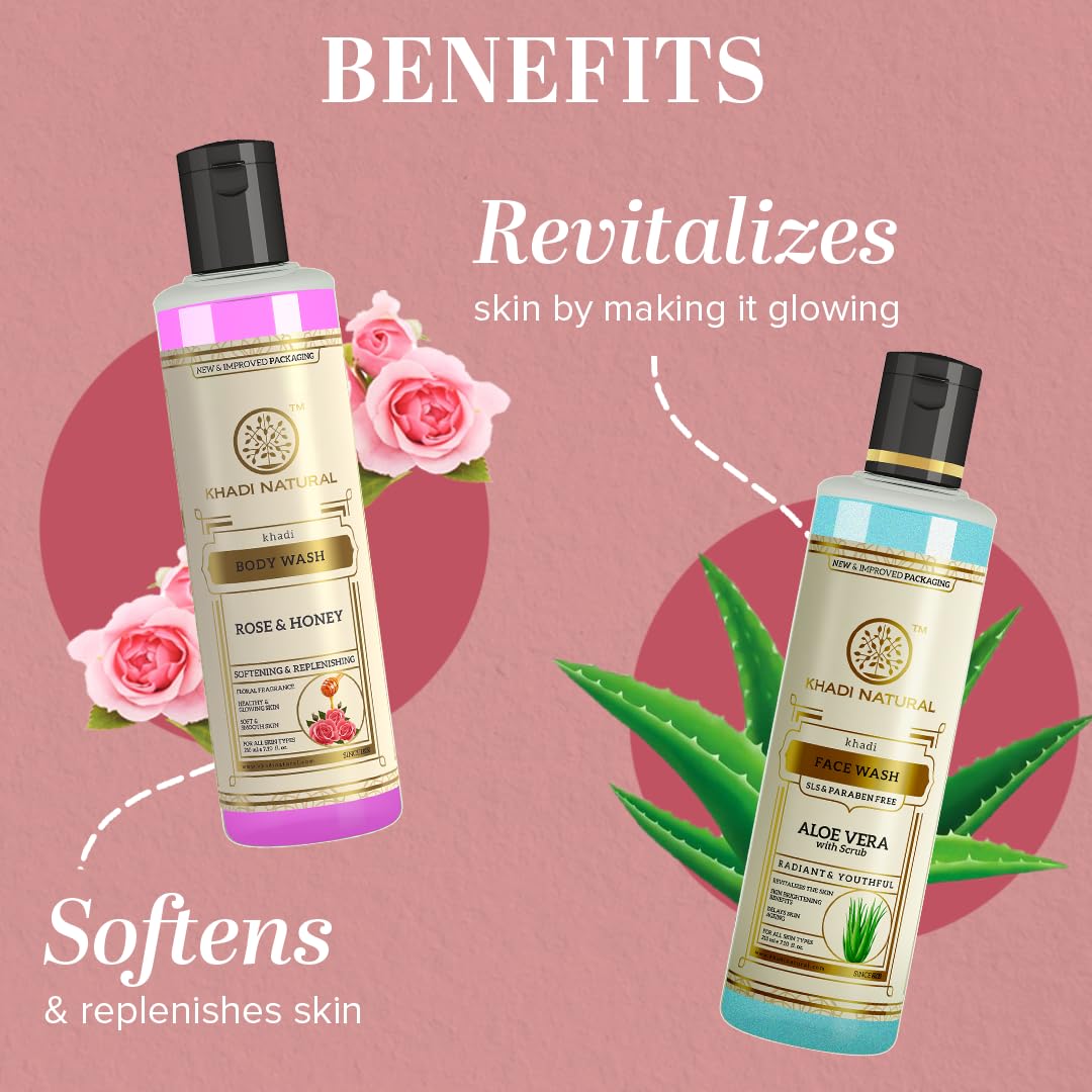 Khadi Natural Aloe Vera Face Wash with Scrub & Rose Honey Body Wash Set - 210ml Each | Paraben & SLS Free | Brightens Skin & Reduces Wrinkles | For Daily Skincare Routine & Spa-Like Experience at Home