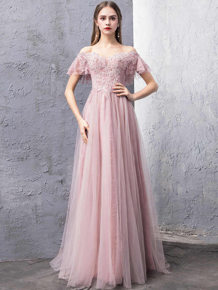 Elegant Pink Tulle Lace Off-Shoulder Long Prom Dress for Women - Formal Evening Gown for Homecoming, Ball, Wedding & Special Occasions