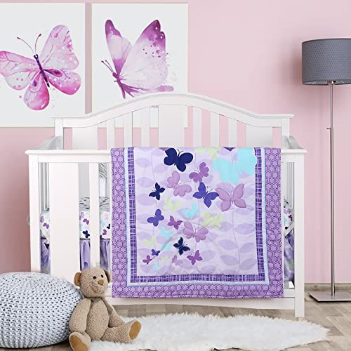 Butterfly Baby Girl Crib Bedding Set 3-Piece - Soft Nursery Crib Sheet, Comforter & Skirt in Purple - Perfect for Newborns & Toddlers' Cozy Sleep (Girls' Nursery Decor)
