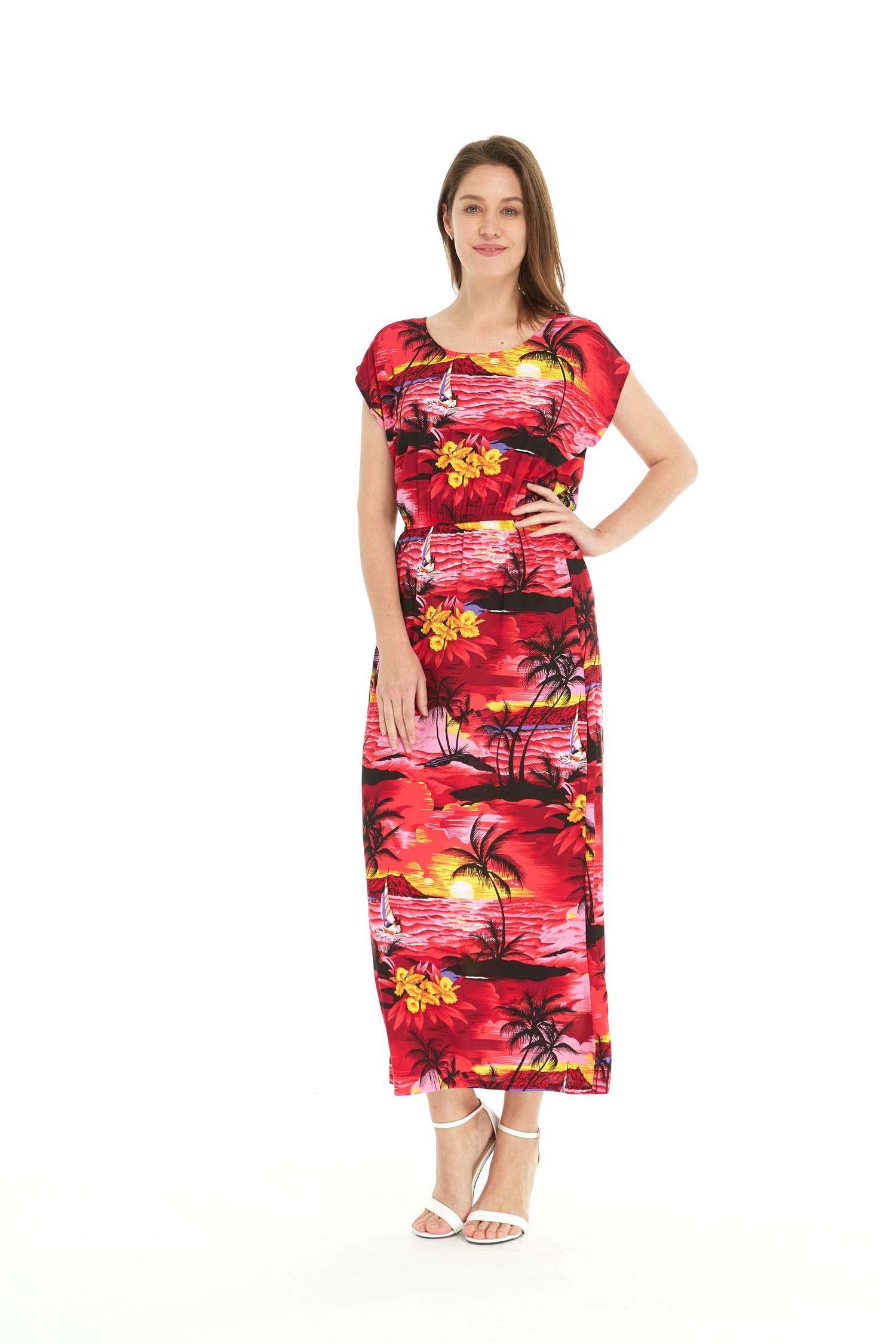 Women's Hawaiian Luau Cap Sleeve Maxi Dress - Floral Sunset Print Beach Party Dress for Summer Vacation, Poolside Wear & Tropical Getaways
