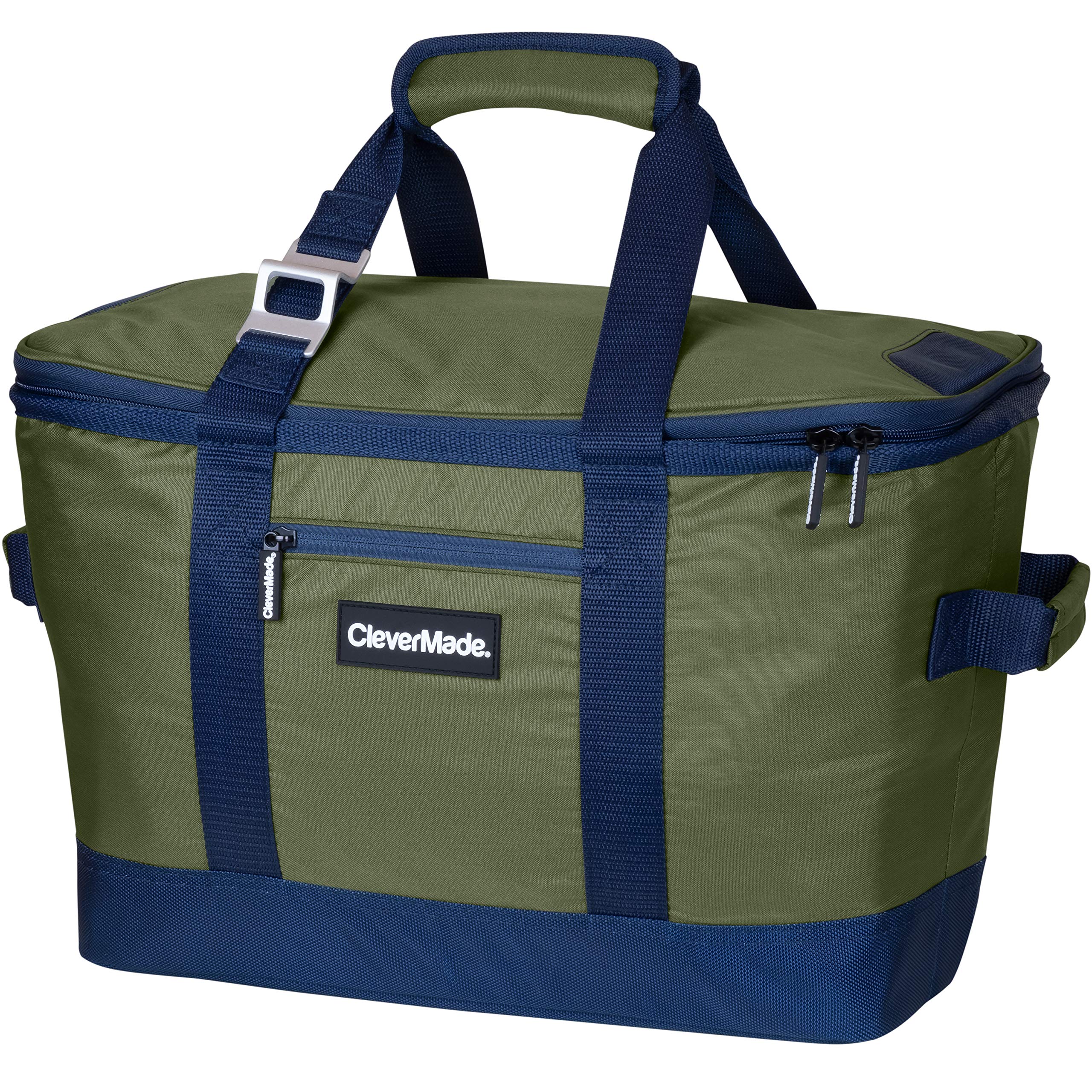 CleverMade Collapsible Cooler Bag: Insulated Leakproof 50 Can Soft Sided Portable Cooler for Lunch, Grocery Shopping, Camping, Road Trips, Beach, Picnics, Tailgating, and Outdoor Adventures, Olive/Navy